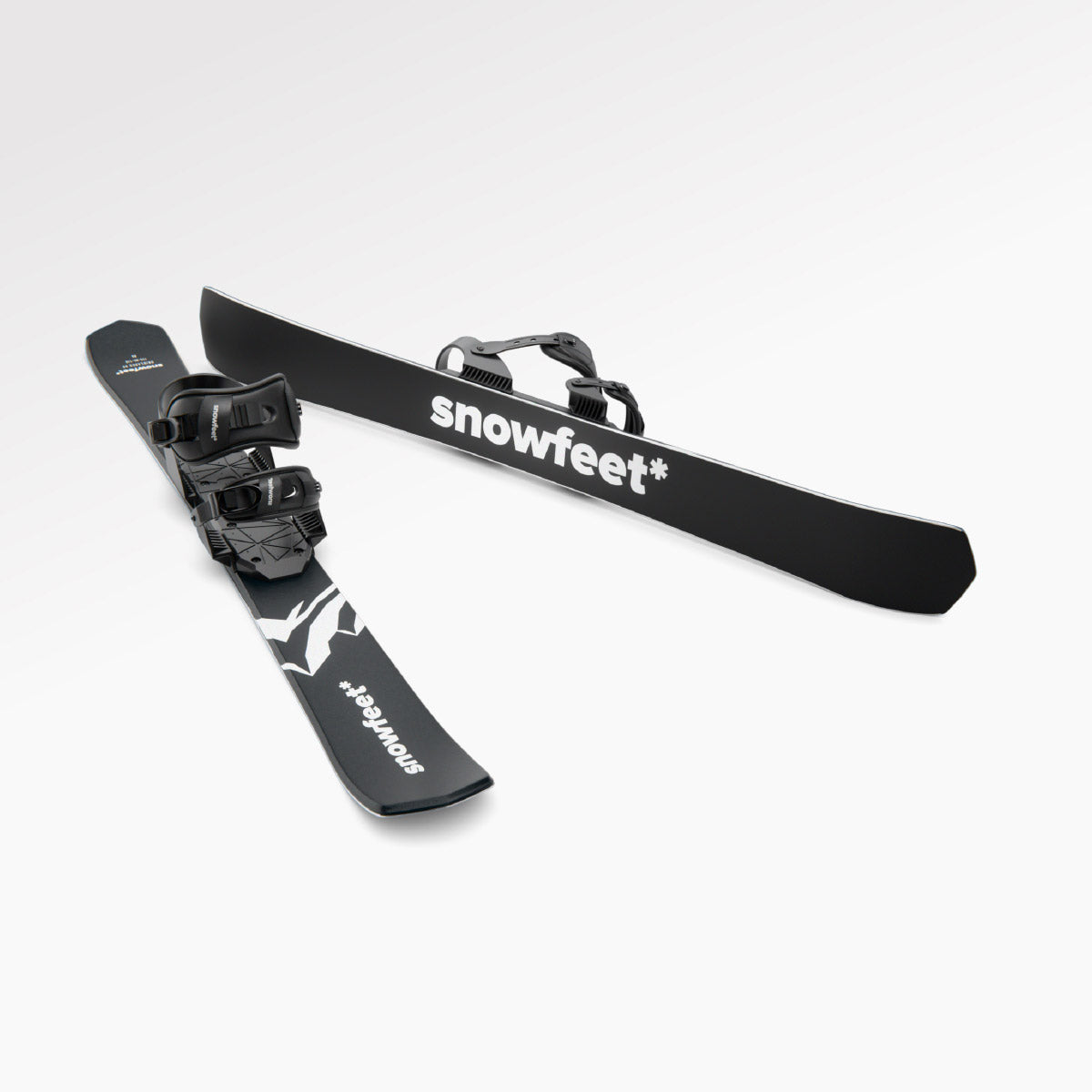 Skiboards Snowblades Short Mini Skis - snowfeet* 99CM. Product photo, wood core skis, snowboard binding, black mountain color.