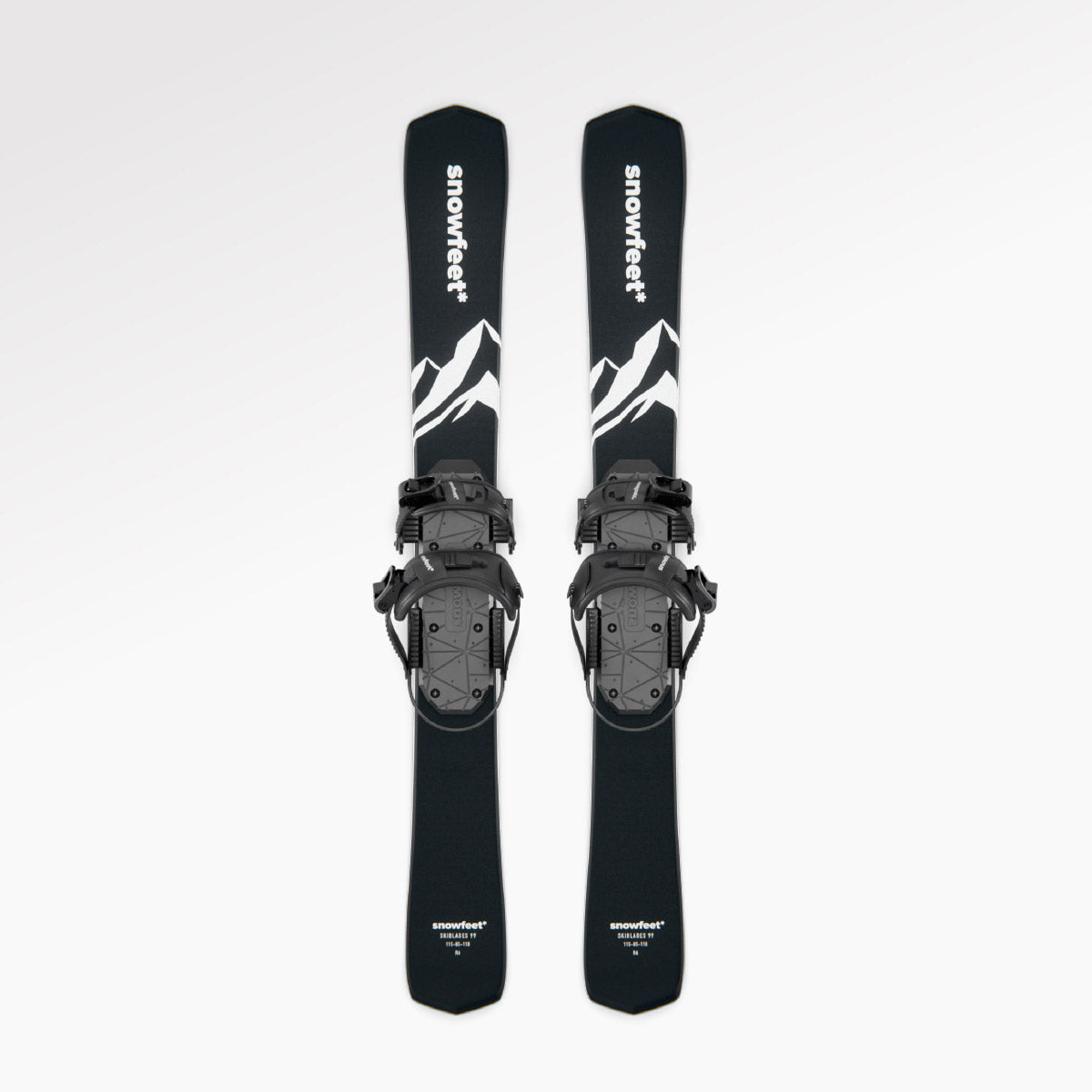 Skiboards Snowblades Short Mini Skis - snowfeet* 99CM. Product photo, wood core skis, snowboard binding, black mountain color.