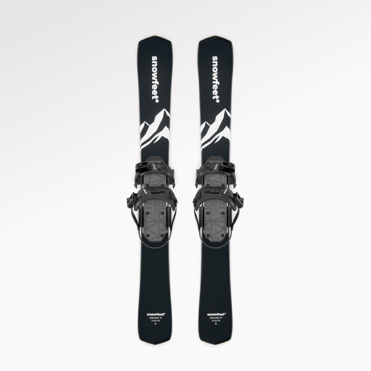 Skiboards Snowblades Short Mini Skis - snowfeet* 99CM. Product photo, wood core skis, snowboard binding, black mountain color. #Model_Snowfeet 99 CM#Binding_Snowboard#Color_Black#TopDown