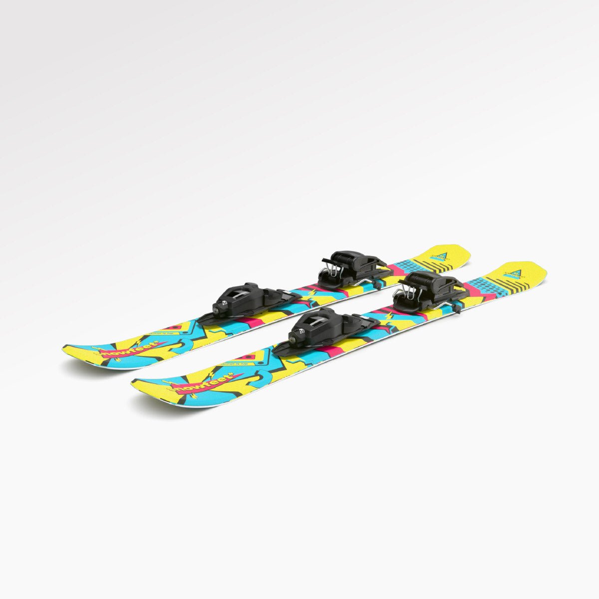 Skiboards Snowblades Short Mini Skis - snowfeet* 99CM. Product photo, wood core skis, pro ski binding, retro color.
