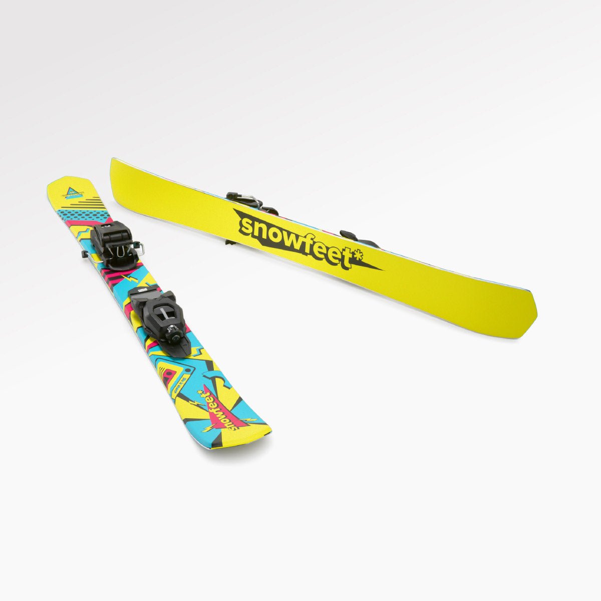 Skiboards Snowblades Short Mini Skis - snowfeet* 99CM. Product photo, wood core skis, pro ski binding, retro color.
