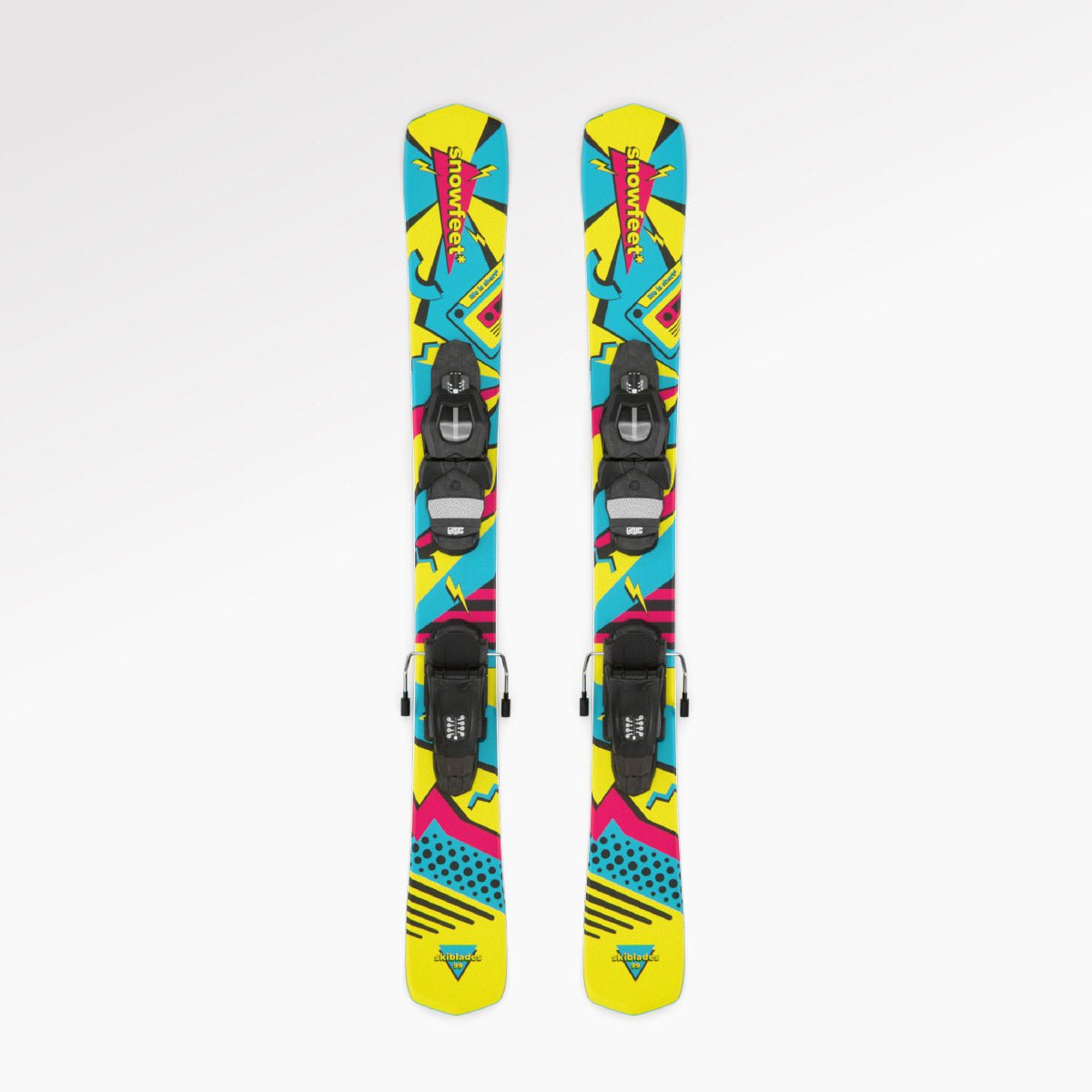 Skiboards Snowblades Short Mini Skis - snowfeet* 99CM. Product photo, wood core skis, pro ski binding, retro color.