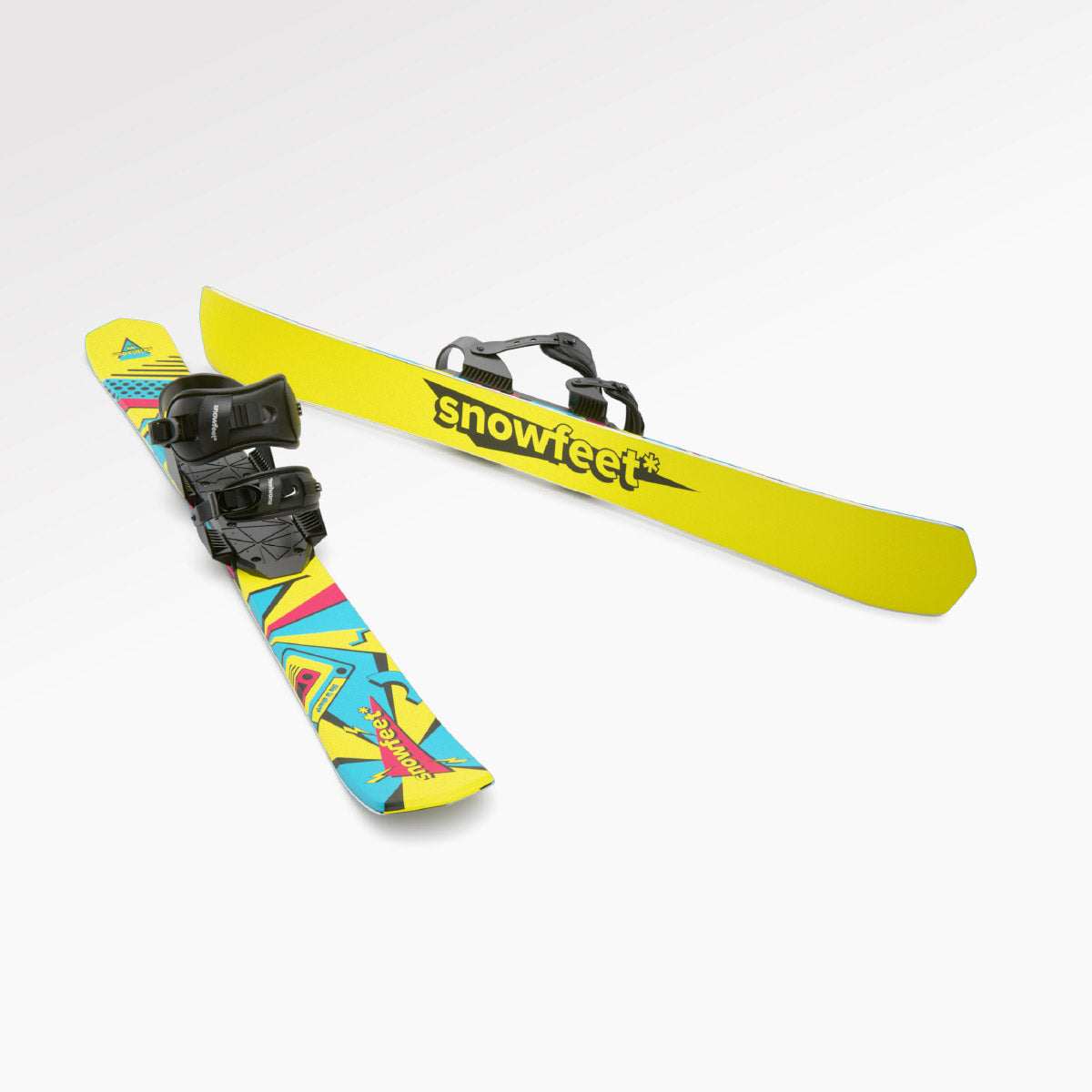Skiboards Snowblades Short Mini Skis - snowfeet* 99CM. Product photo, wood core skis, snowboard binding, retro color.