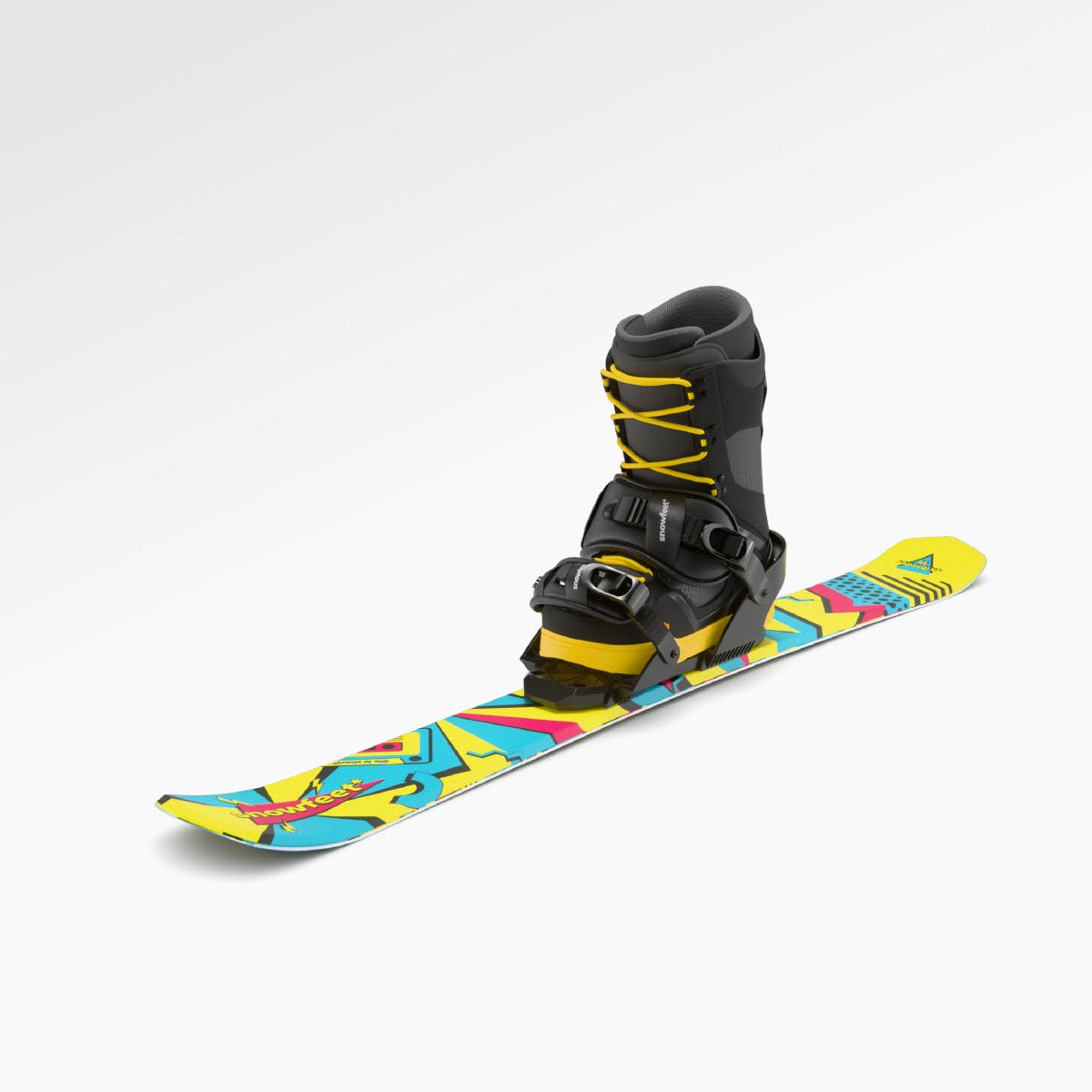 Skiboards Snowblades Short Mini Skis - snowfeet* 99CM. Product photo, wood core skis, snowboard binding, retro color. With snowboard boot