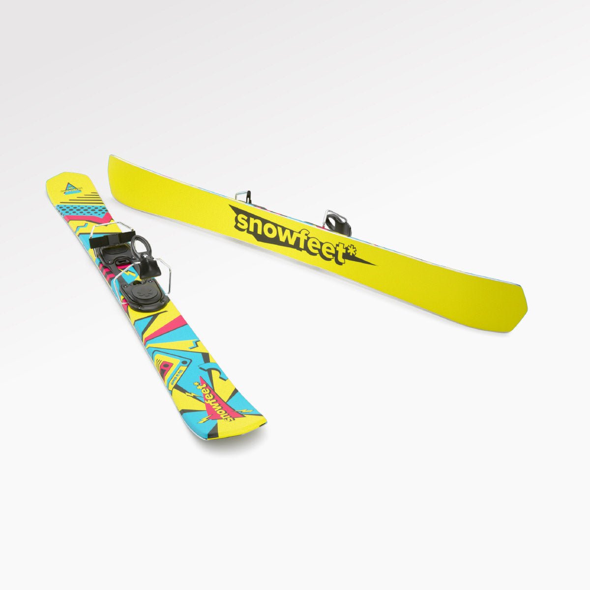 Skiboards Snowblades Short Mini Skis - snowfeet* 99CM. Product photo, wood core skis, simple ski binding, retro color.