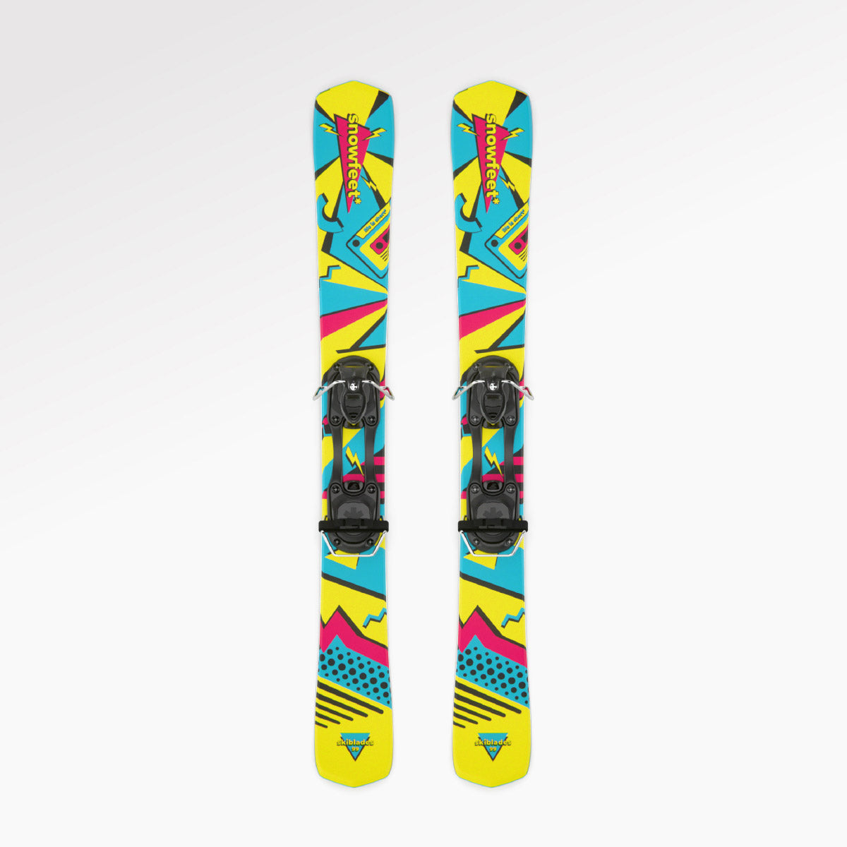 Skiboards Snowblades Short Mini Skis - snowfeet* 99CM. Product photo, wood core skis, simple ski binding, retro color.