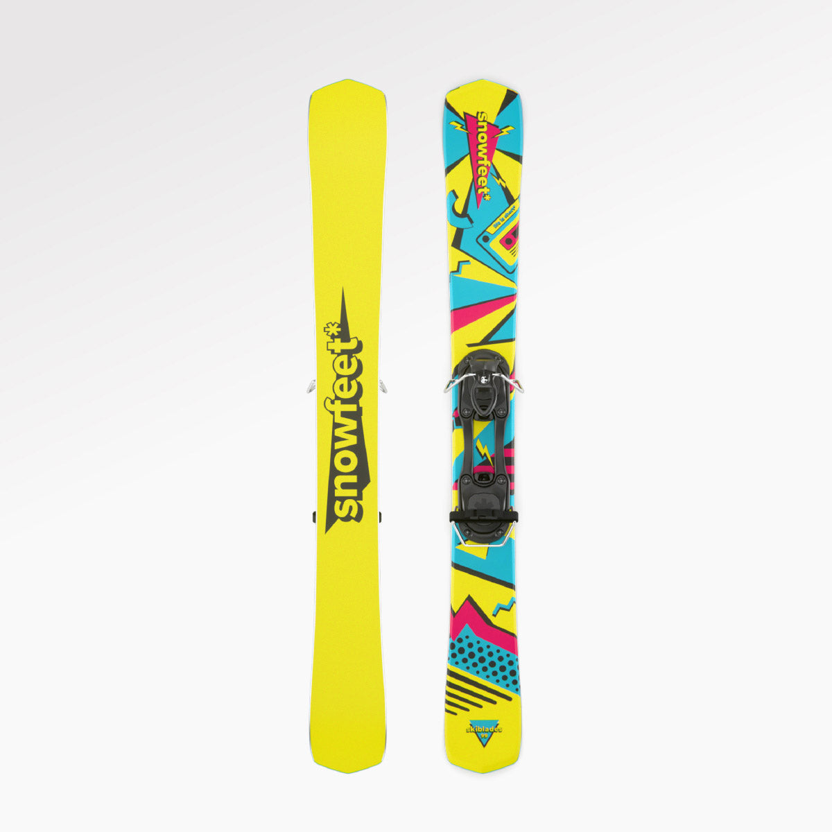 Skiboards Snowblades Short Mini Skis - snowfeet* 99CM. Product photo, wood core skis, simple ski binding, retro color.