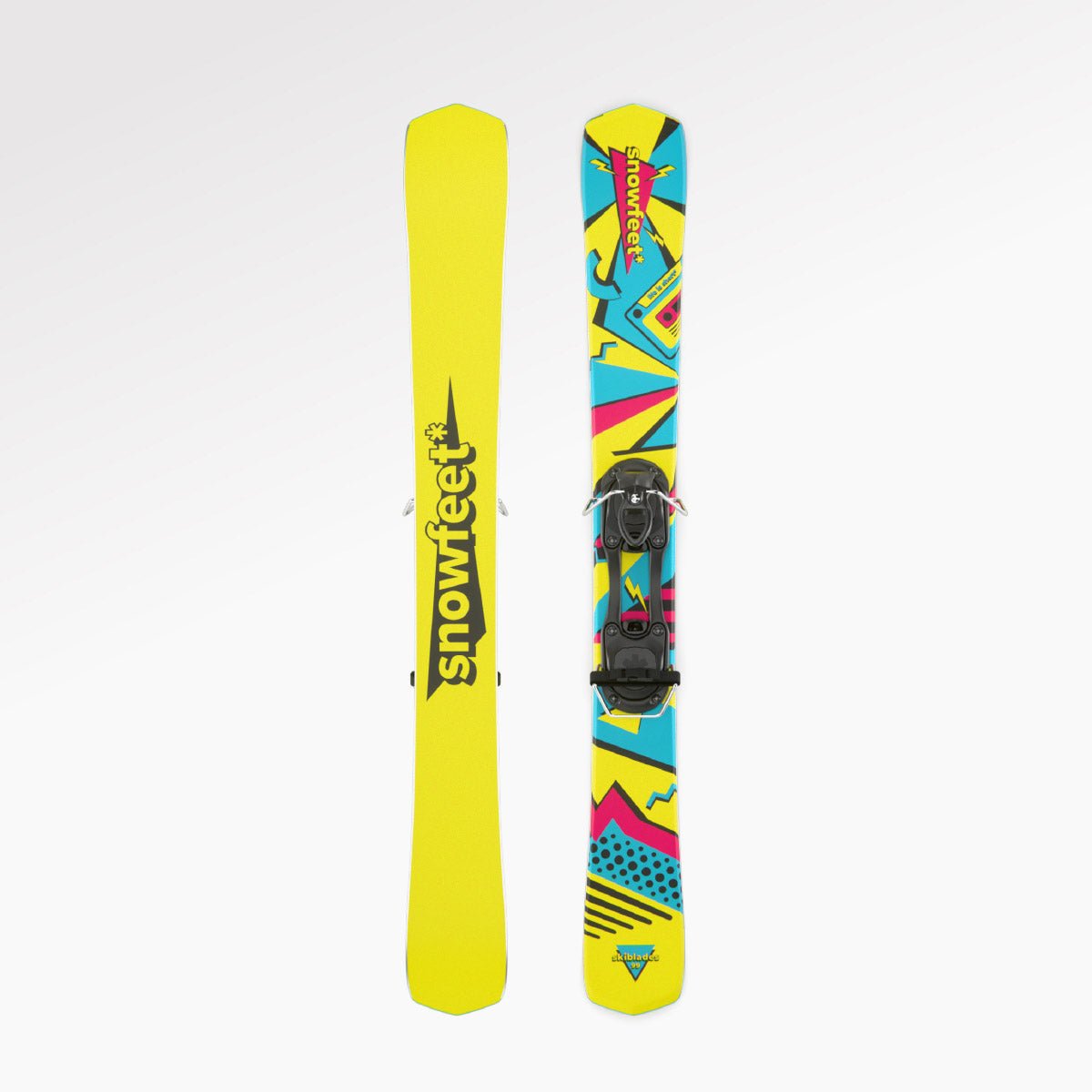 Skiboards Snowblades Short Mini Skis - snowfeet* 99CM. Product photo, wood core skis, simple ski binding, retro color.