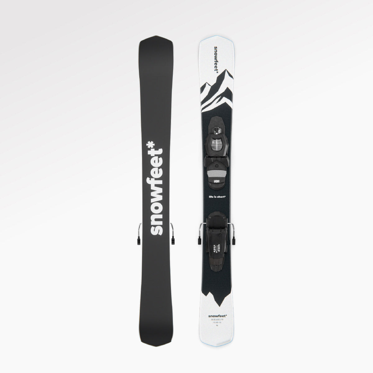 Skiboards Snowblades Short Mini Skis - snowfeet* 99CM. Product photo, wood core skis, pro ski binding, white mountain color.
