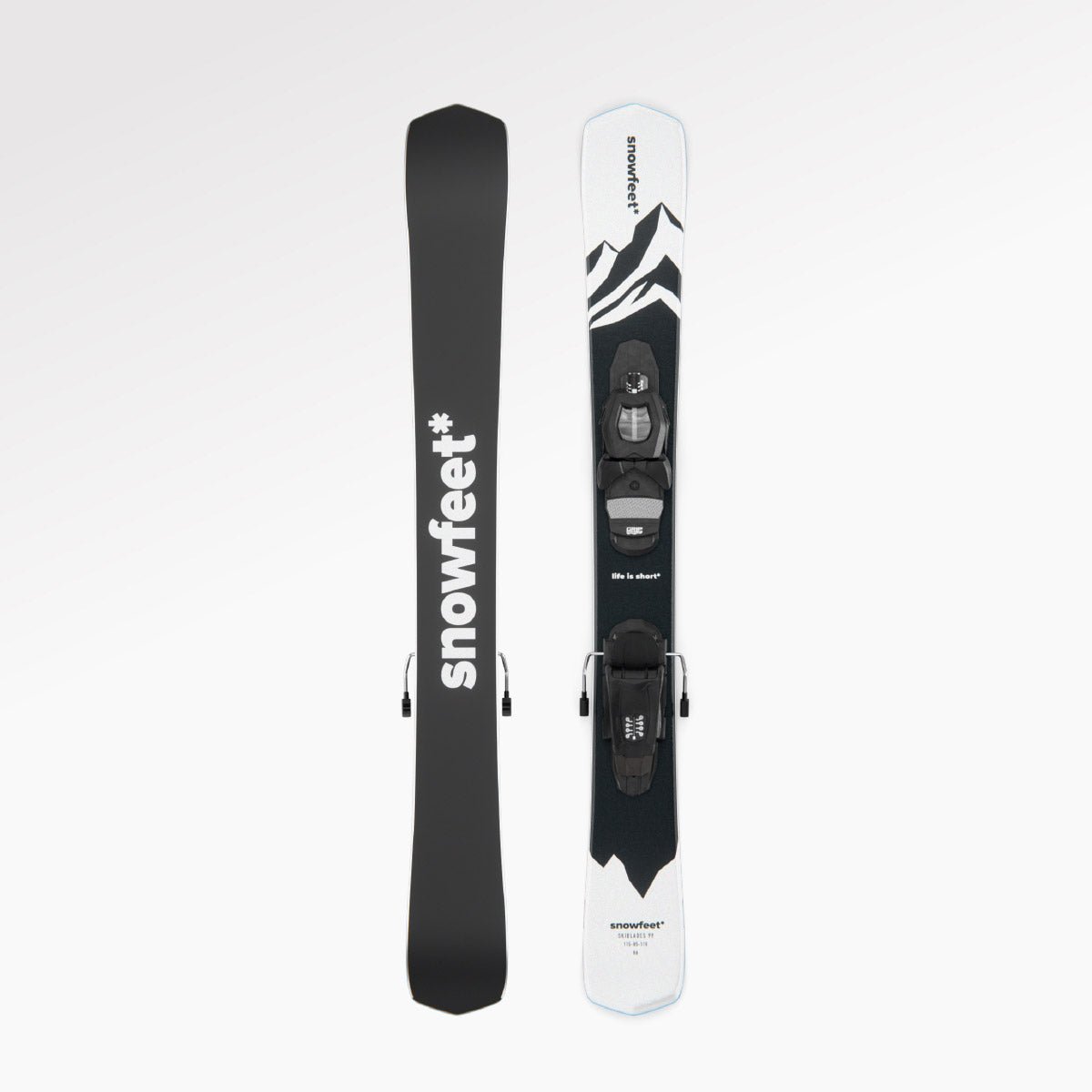 Skiboards Snowblades Short Mini Skis - snowfeet* 99CM. Product photo, wood core skis, pro ski binding, white mountain color.