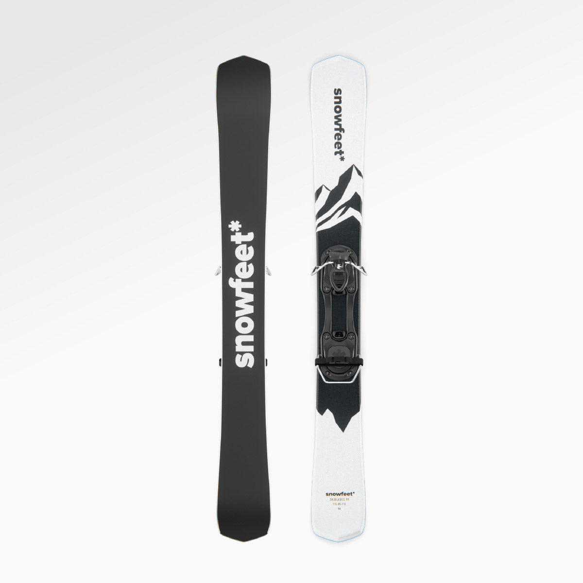 Skiboards Snowblades Short Mini Skis - snowfeet* 99CM. Product photo, wood core skis, simple ski binding, white mountain color.