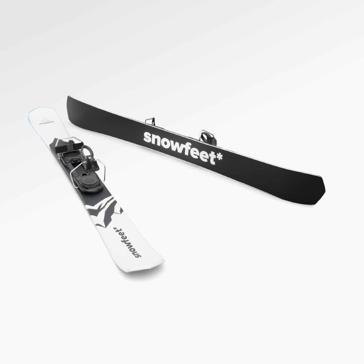 Skiboards Snowblades Short Mini Skis - snowfeet* 99CM. Product photo, wood core skis, simple ski binding, white mountain color.