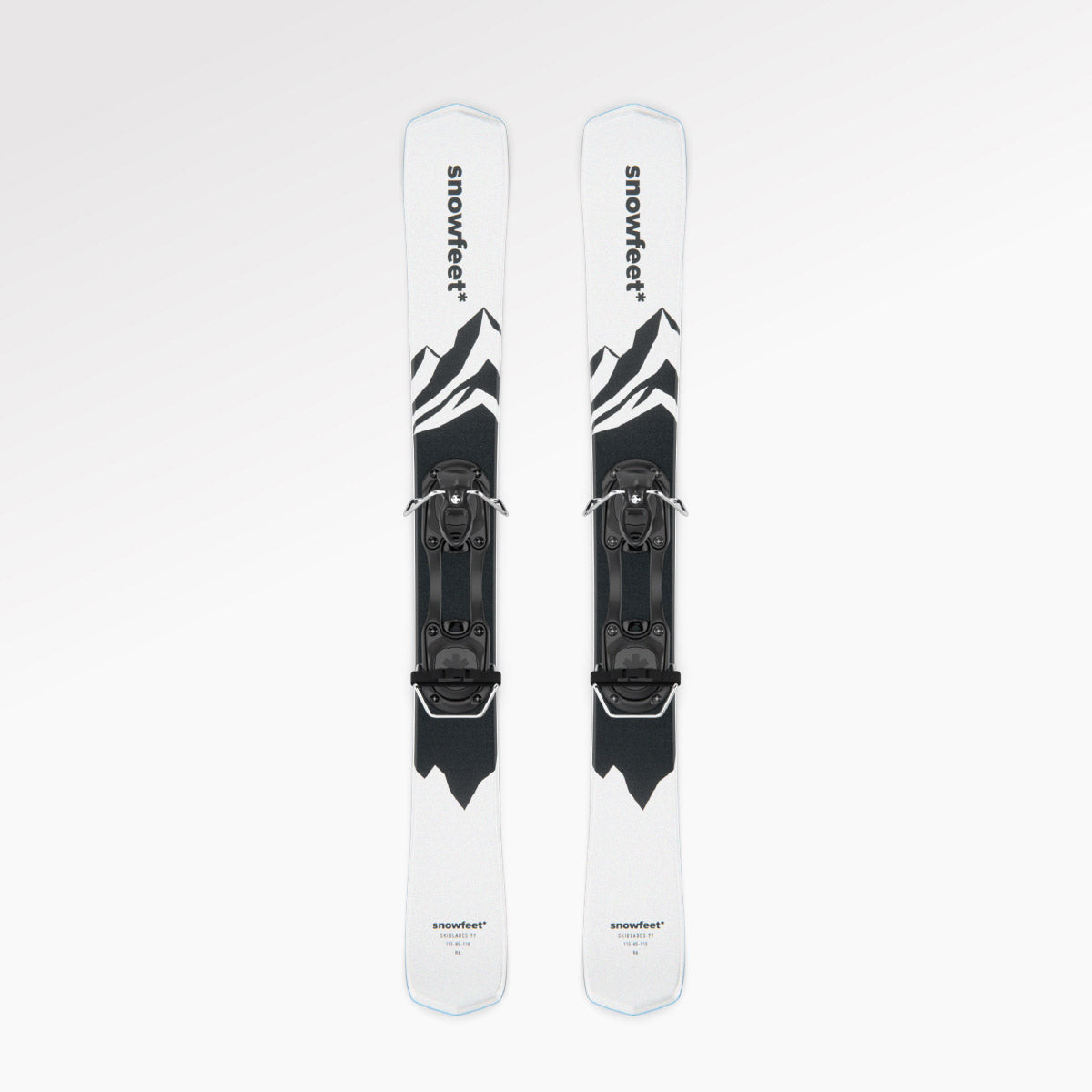 Skiboards Snowblades Short Mini Skis - snowfeet* 99CM. Product photo, wood core skis, simple ski binding, white mountain color.