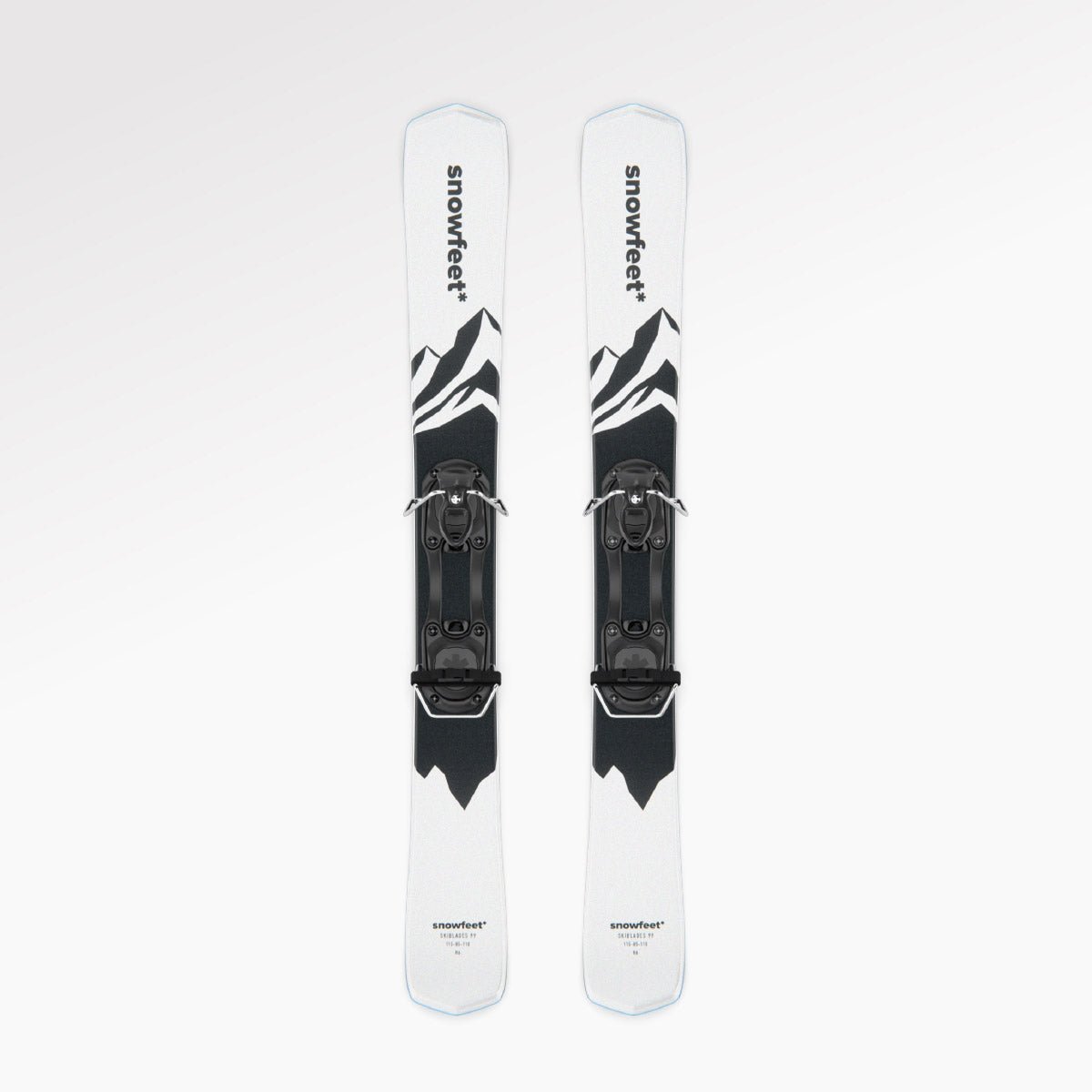 Skiboards Snowblades Short Mini Skis - snowfeet* 99CM. Product photo, wood core skis, simple ski binding, white mountain color.