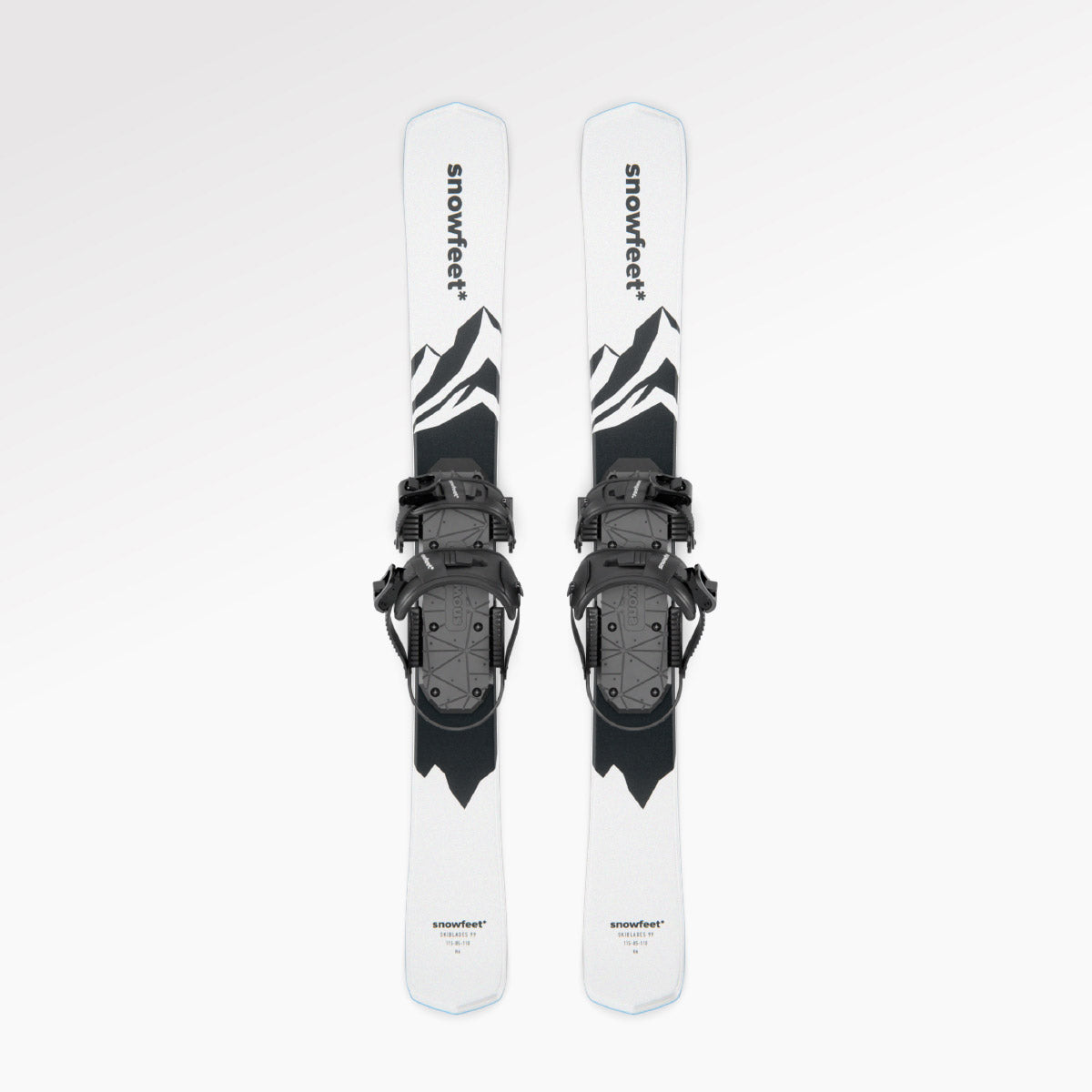 Skiboards Snowblades Short Mini Skis - snowfeet* 99CM. Product photo, wood core skis, snowboard binding, white mountain color.