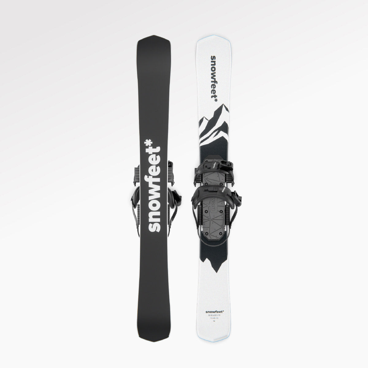 Skiboards Snowblades Short Mini Skis - snowfeet* 99CM. Product photo, wood core skis, snowboard binding, white mountain color.