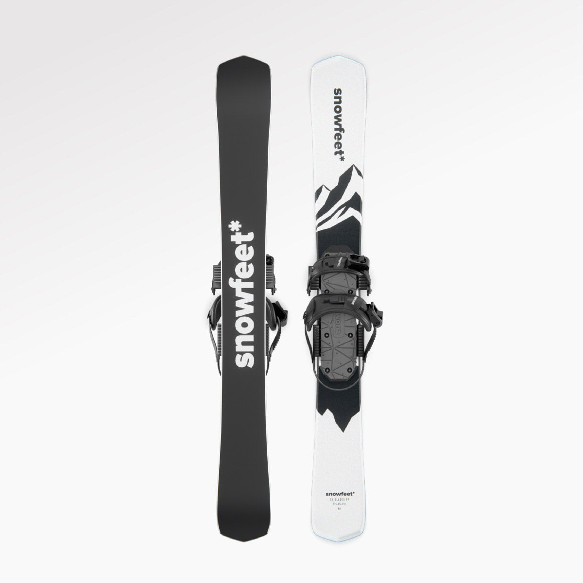 Skiboards Snowblades Short Mini Skis - snowfeet* 99CM. Product photo, wood core skis, snowboard binding, white mountain color.