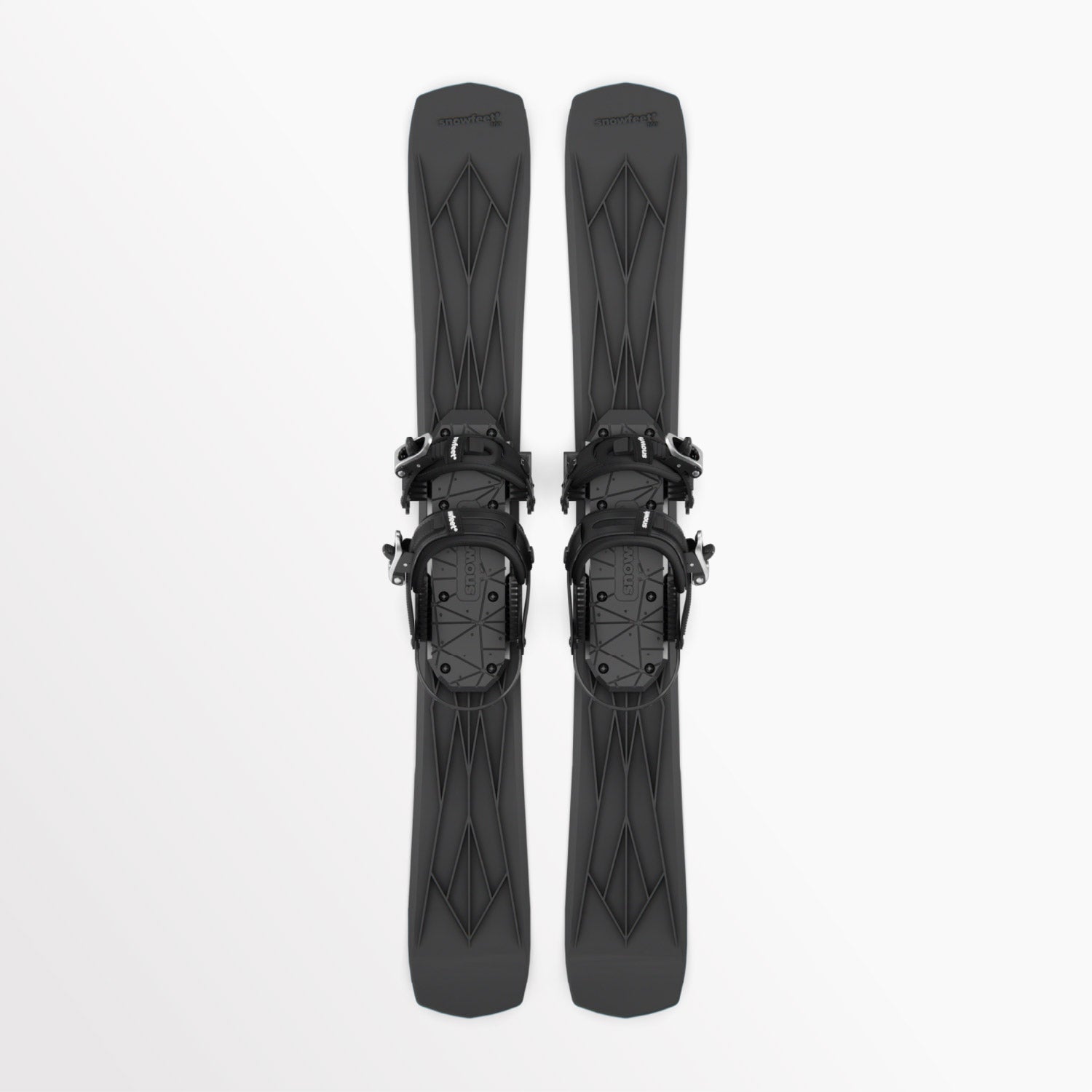 Pair of black short skis Snowfeet with snowboard bindings on a white background