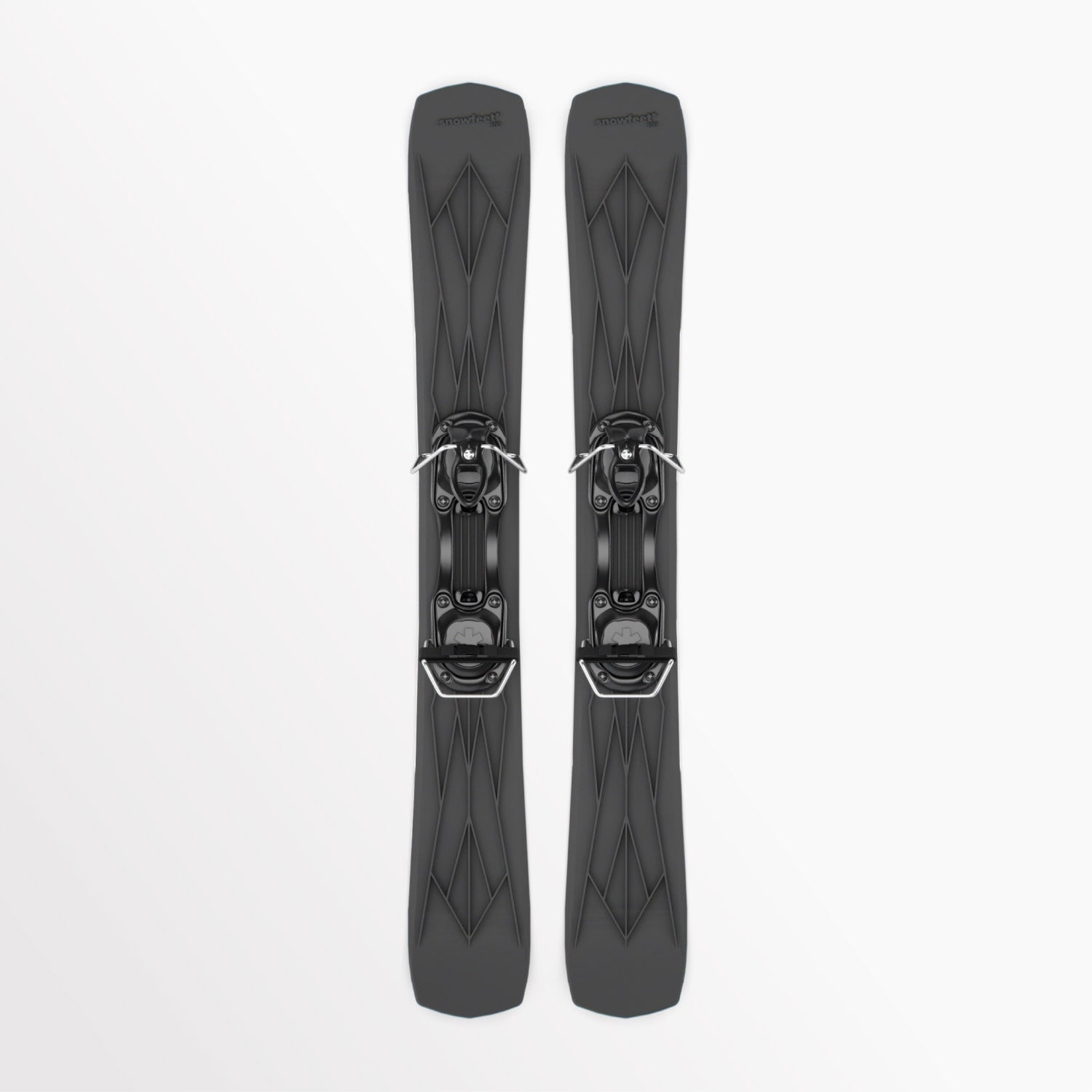 Pair of black skis with bindings on a white background
