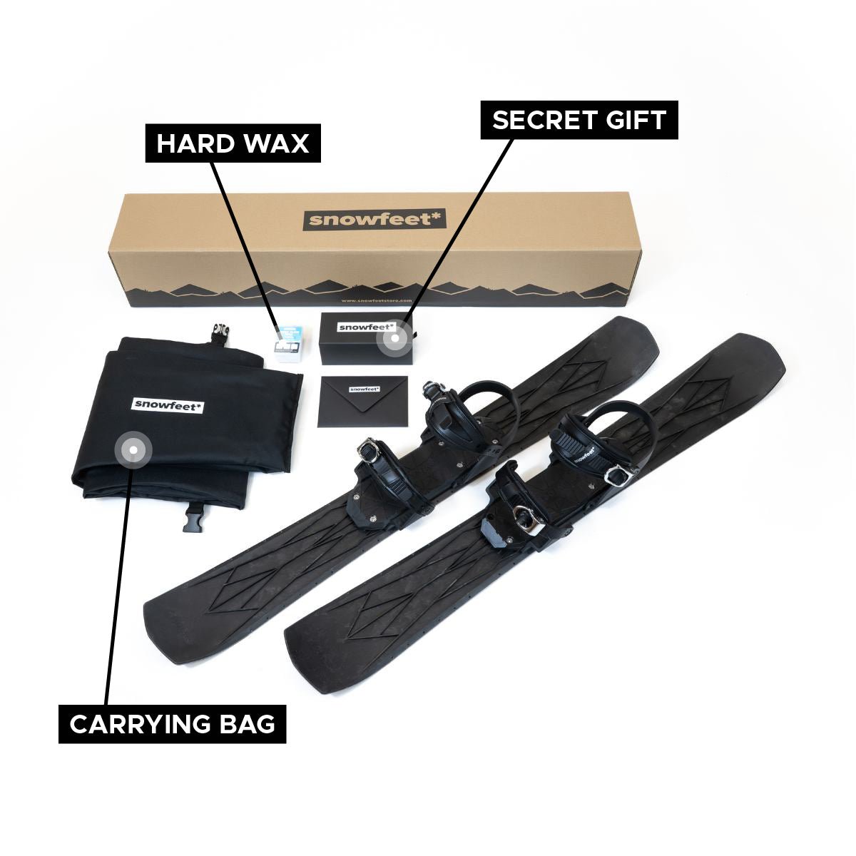 Snowfeet 100 unboxed photo. Equipment set with hard wax, carrying bag, and 'secret gift' labeled on a white background.