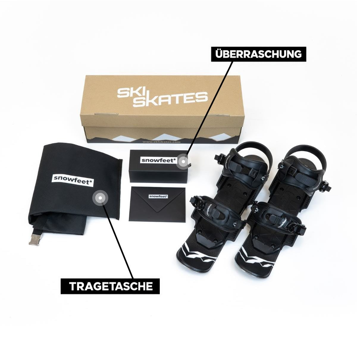 snowfeet 44 unboxed photo. Black ski skates with packaging and accessories on a white background