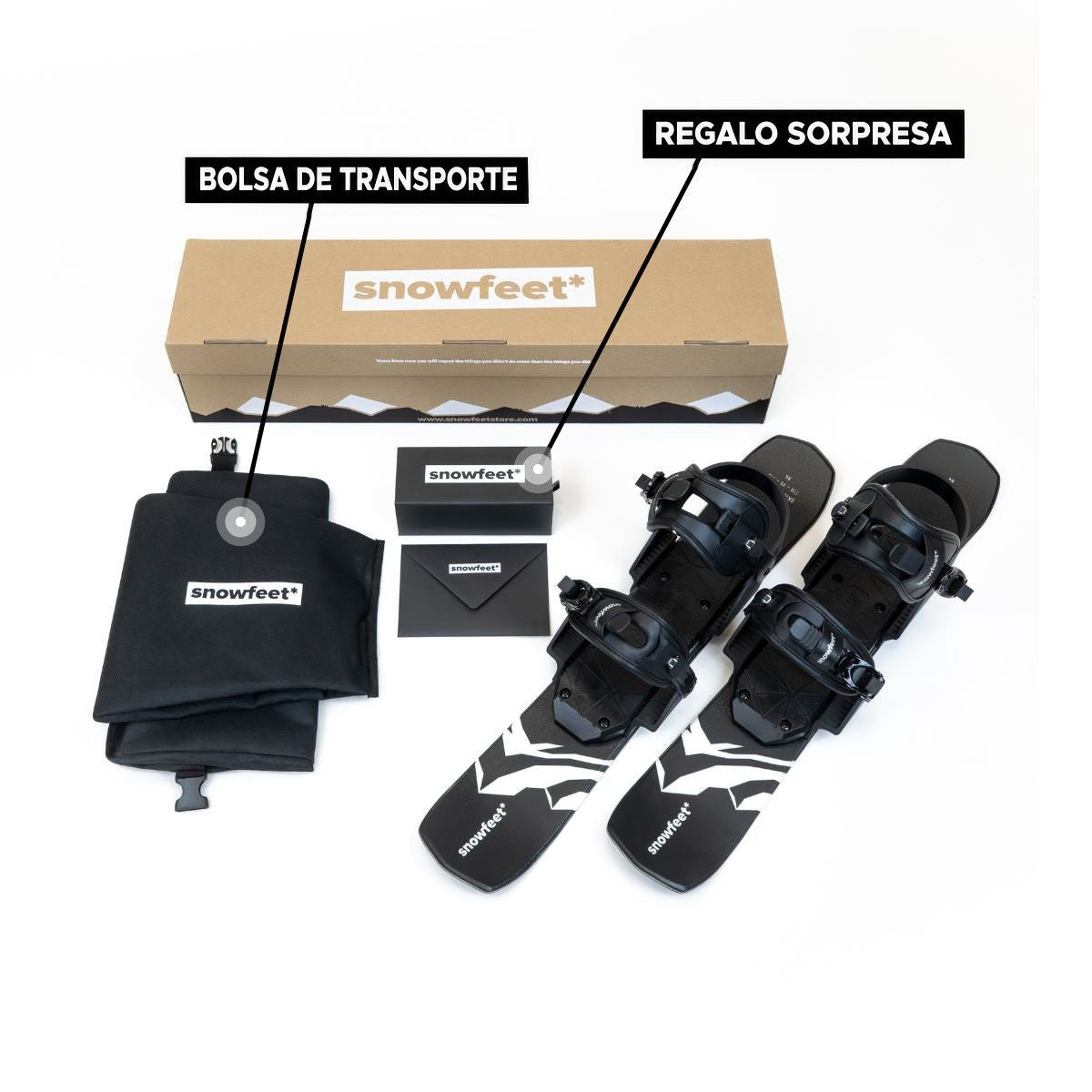 Snowfeet 65 unboxed photo. Equipment set with 'snowfeet' branding, including a carrying bag and secret gift box.