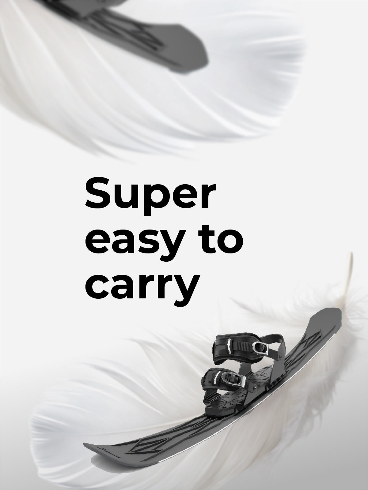 White bag with a ski attached, text 'Super easy to carry' on a white background