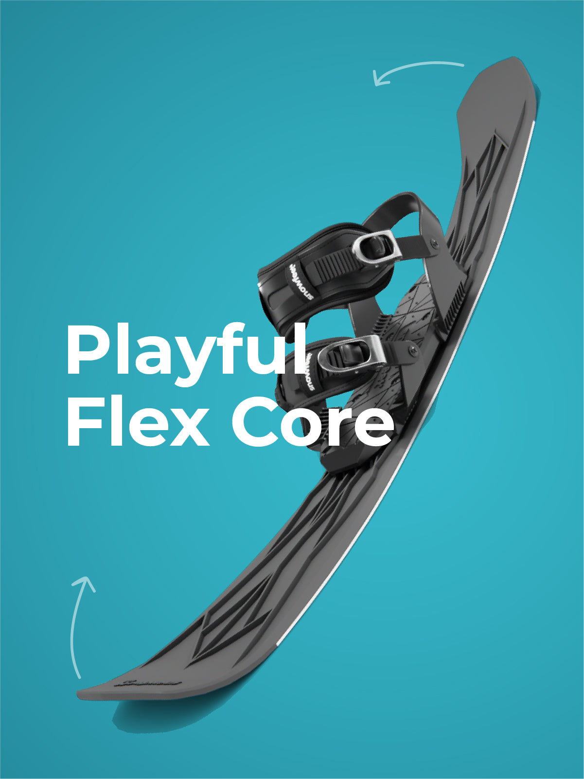 Black snowboard with 'Playful Flex Core' text on a blue background