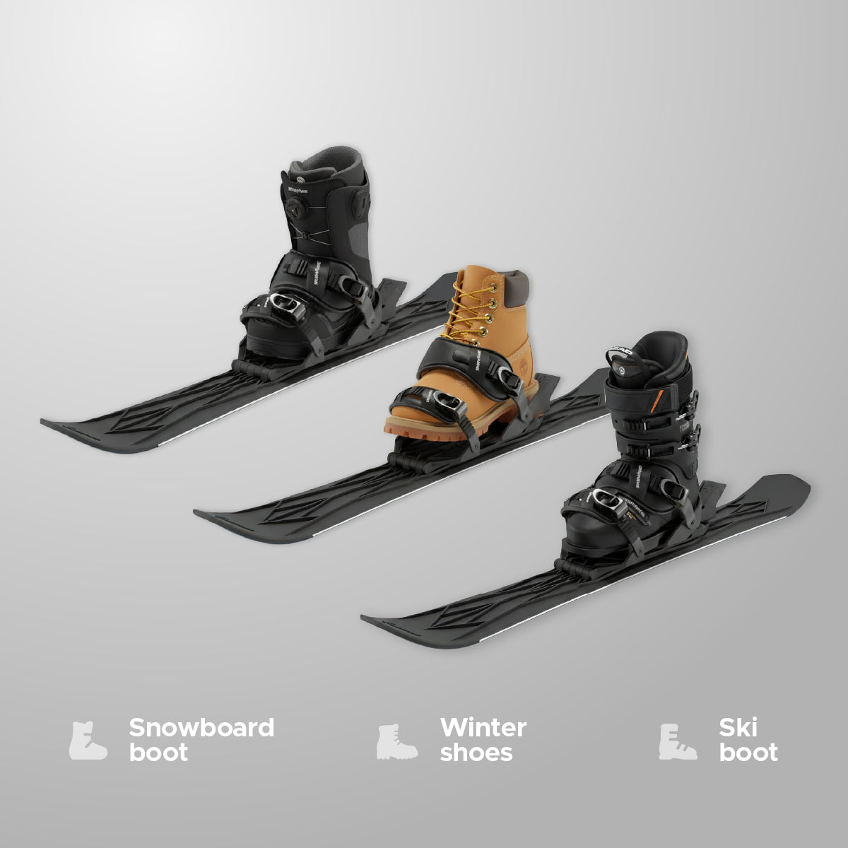 Three pairs of ski boots on a gray background with icons indicating snowboard boot, winter shoes, and ski boot.