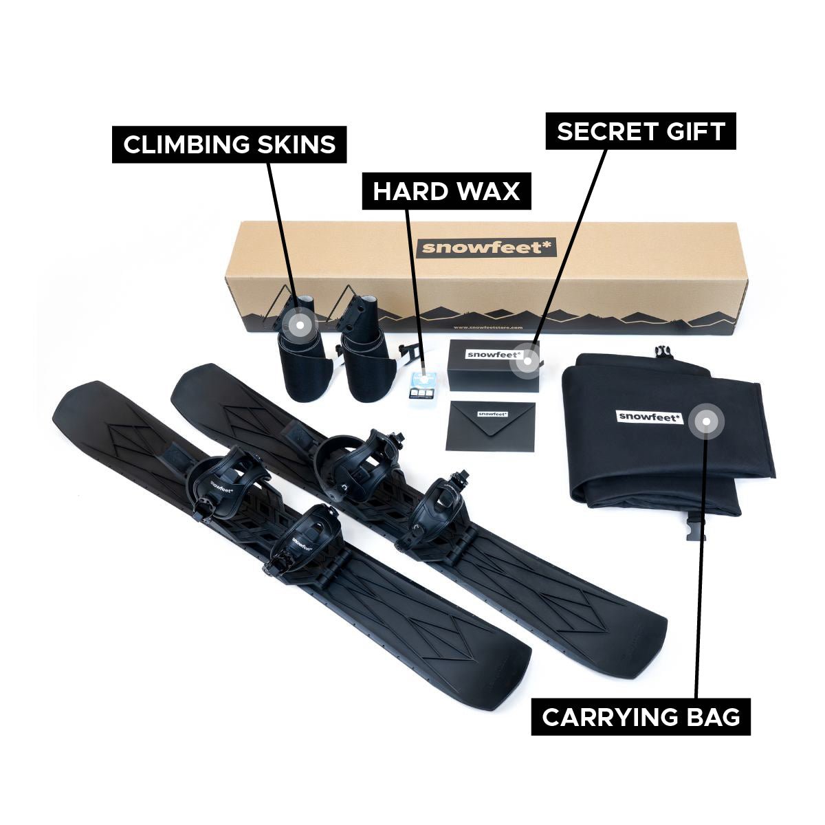 Snowfeet walkski unboxed photo. Fiberglass reinforced polamid version. Equipment set with climbing skins, hard wax, carrying bag, and branded box on a white background.