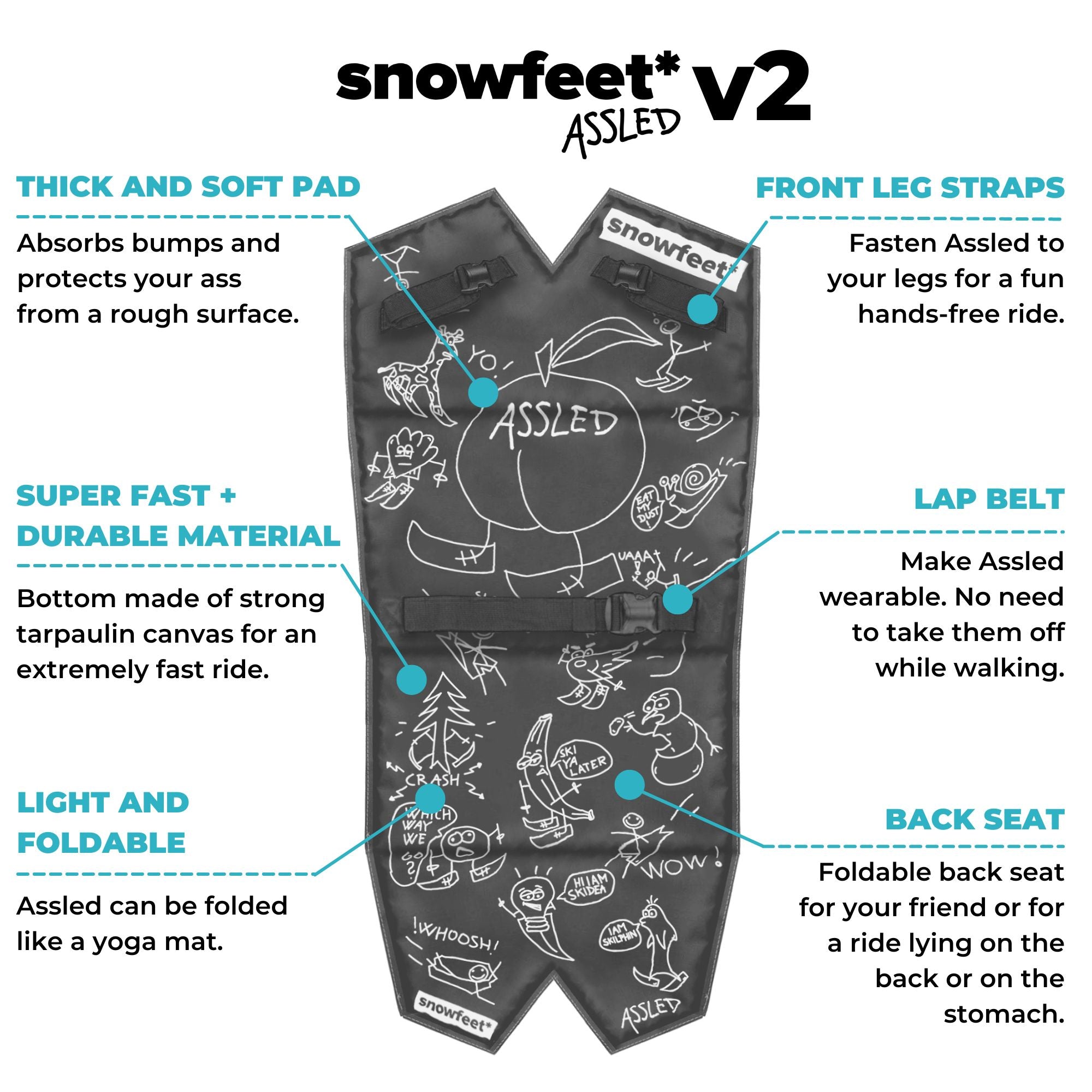 Assled - Wearable Foldable Snow Sled for Adults and Kids / Toboggan Foam Sledge - by Snowfeet* - snowfeet*