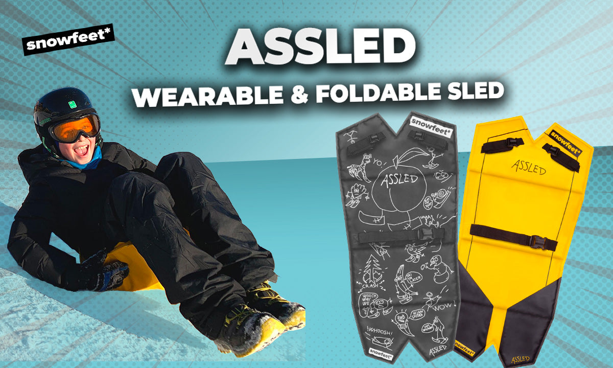 Assled. Foldable & Wearable Sled. Don't pull your sled behind you, wear it! Just use the front leg straps to fasten it to your legs and a belt strap to fasten it around your waist. Hands-free, care-free!