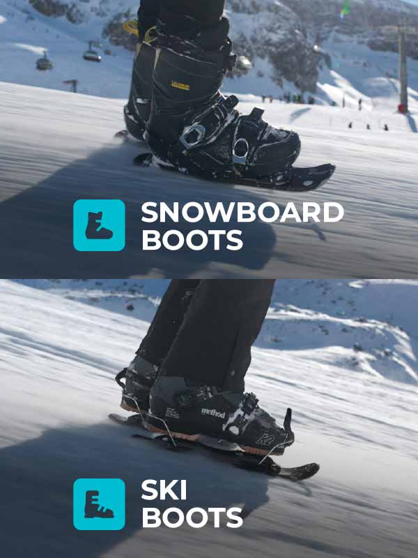 Close-up of snowboard boots on a snowy slope with text indicating 'Snowboard Boots' and 'Ski Boots'. Compatible with Ski or Snowboard Bindings
