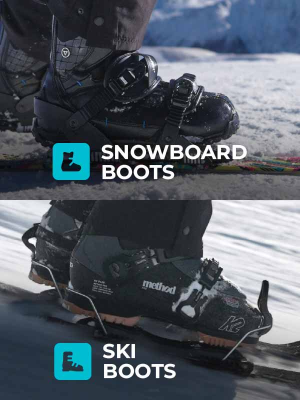 Comparison of snowboard and ski boots on a snowy background with 'Snowboard Boots' and 'Ski Boots' labels. Compatible with Ski or Snowboard Bindings