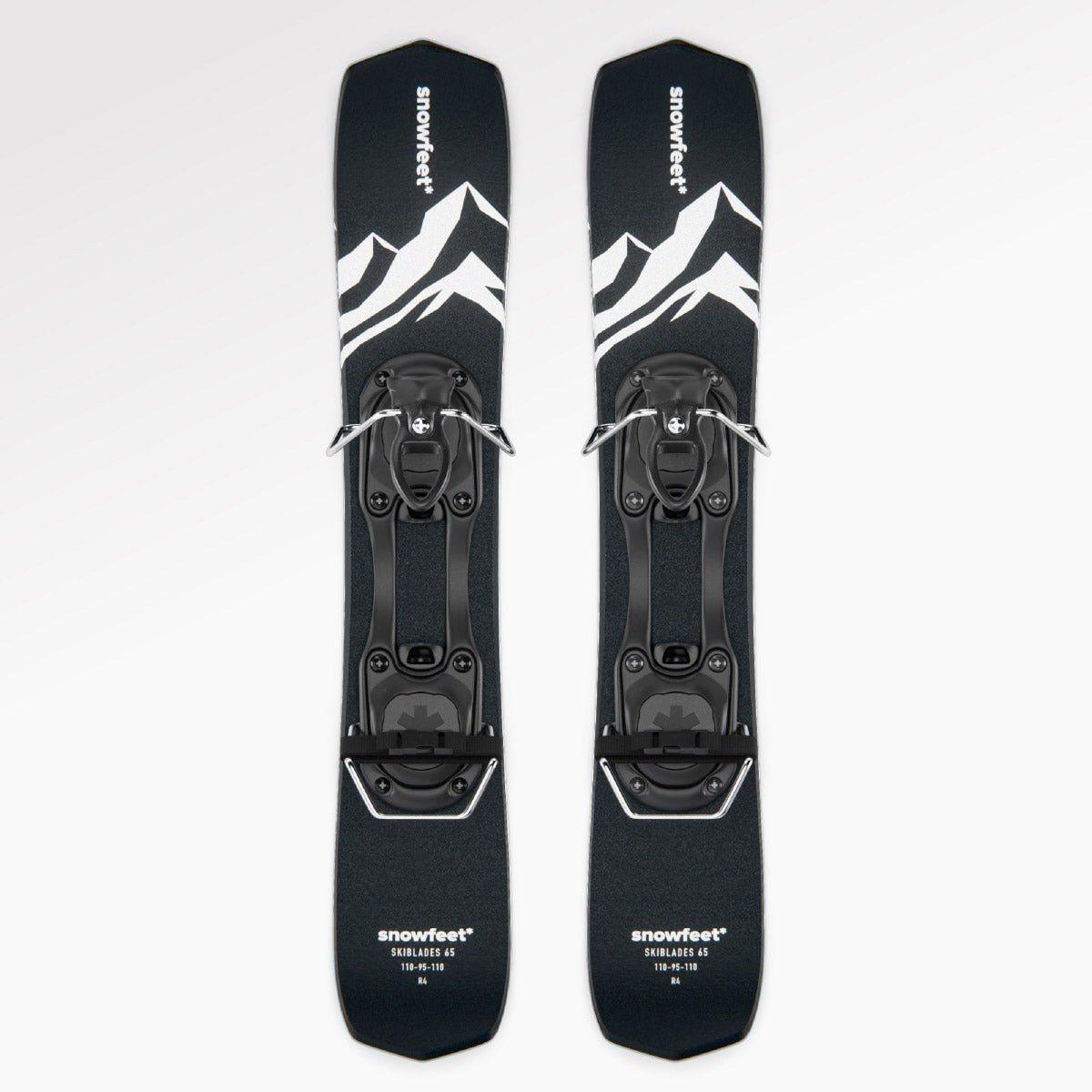 Skiboards Snowblades Short Mini Skis - snowfeet*, Product photo, wood core skis, ski binding, black mountain color. #Model_Snowfeet 65 CM#Binding_Ski#Color_Black|Mountain Black#TopDown