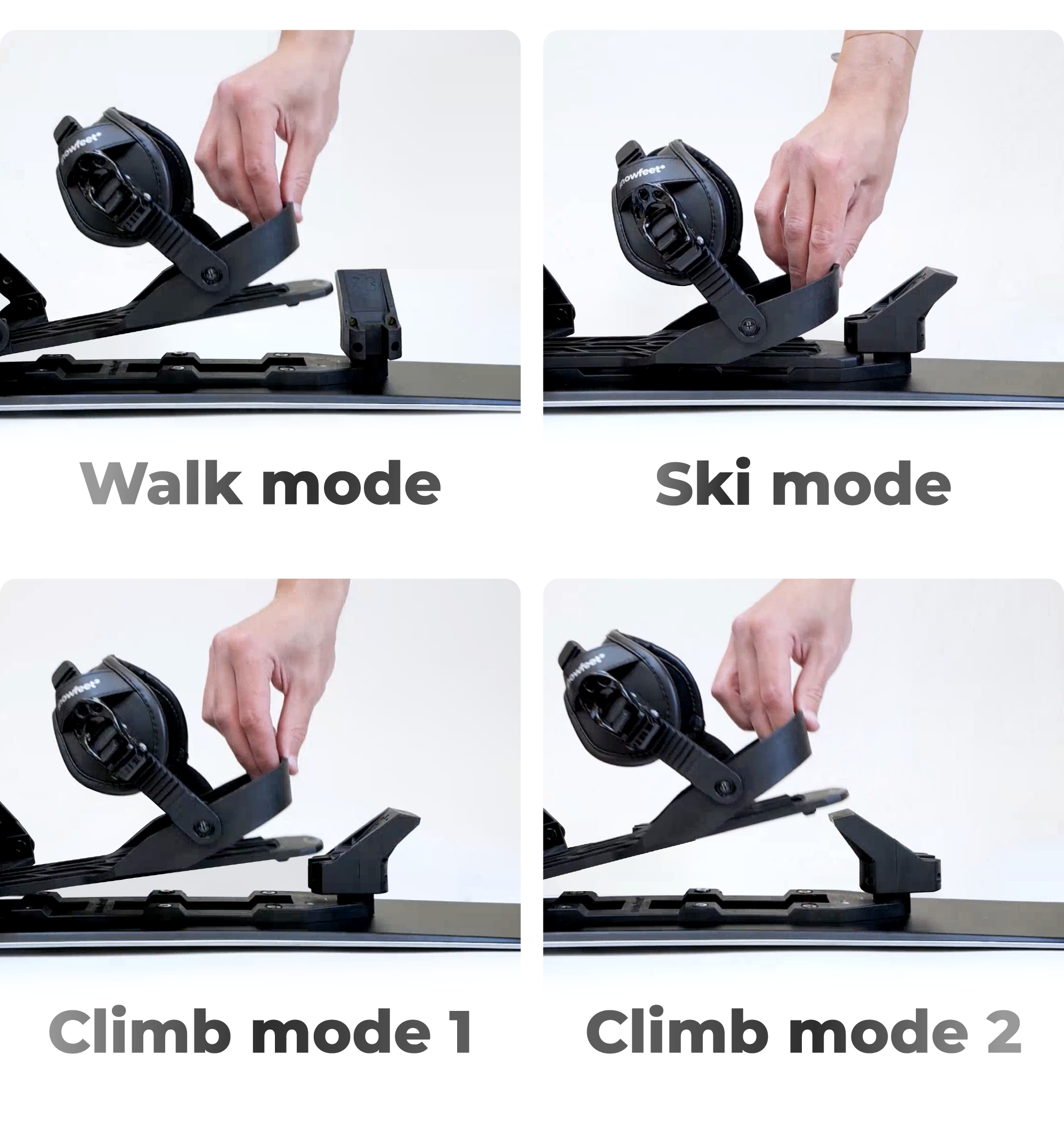 Illustration of a device with different modes labeled 'Walk mode', 'Ski mode', 'Climb mode 1', and 'Climb mode 2'.