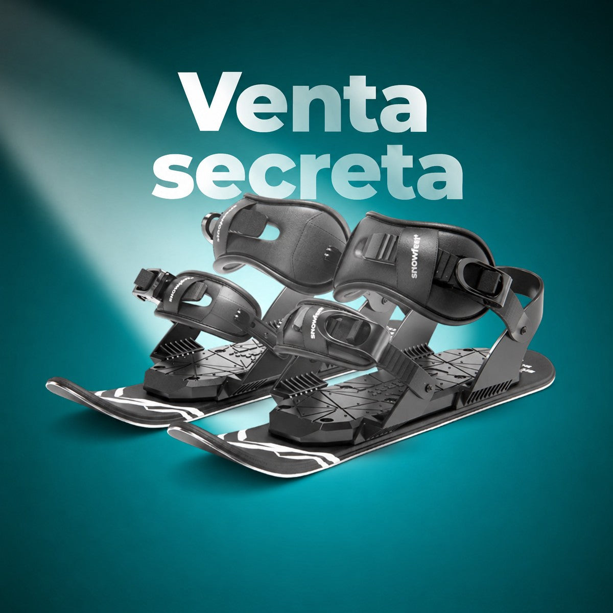 Black snowboard bindings on a blue background with 'Secret sale' text.