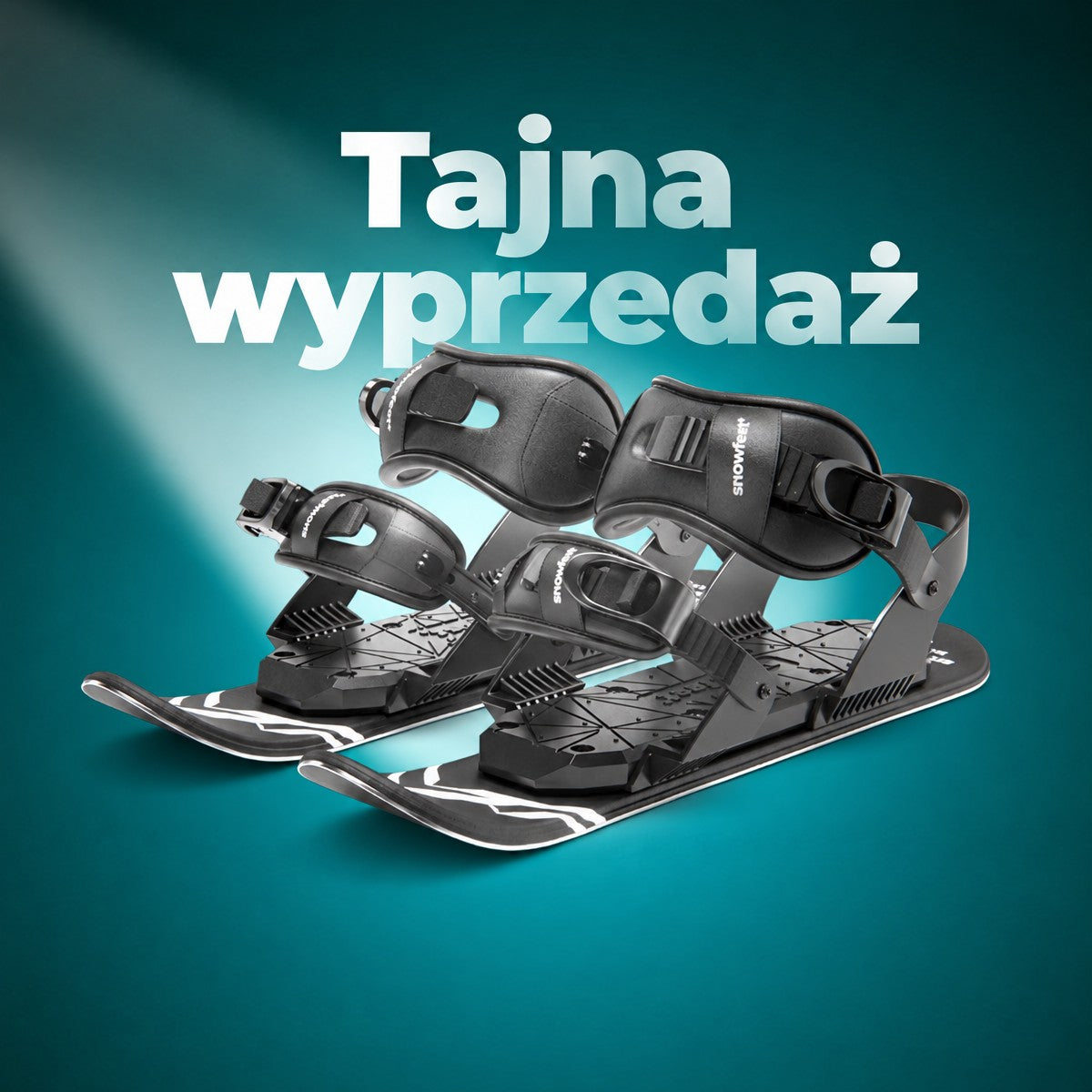 Black snowboard bindings on a blue background with 'Secret sale' text.
