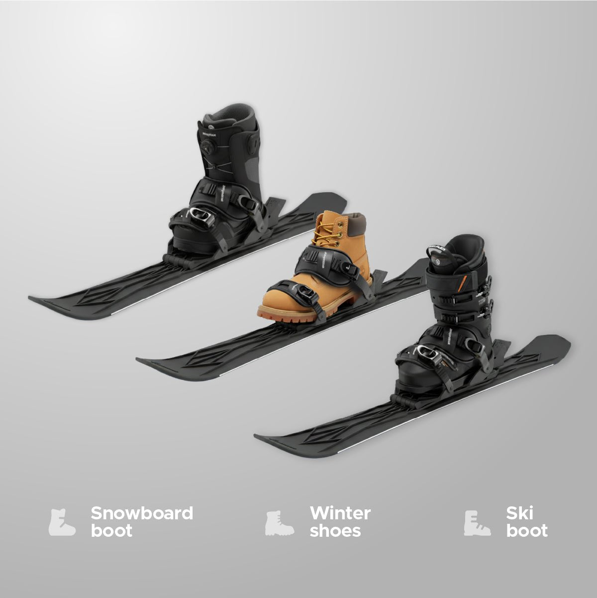 Three pairs of ski boots on a gray background with icons indicating snowboard boot, winter shoes, and ski boot.