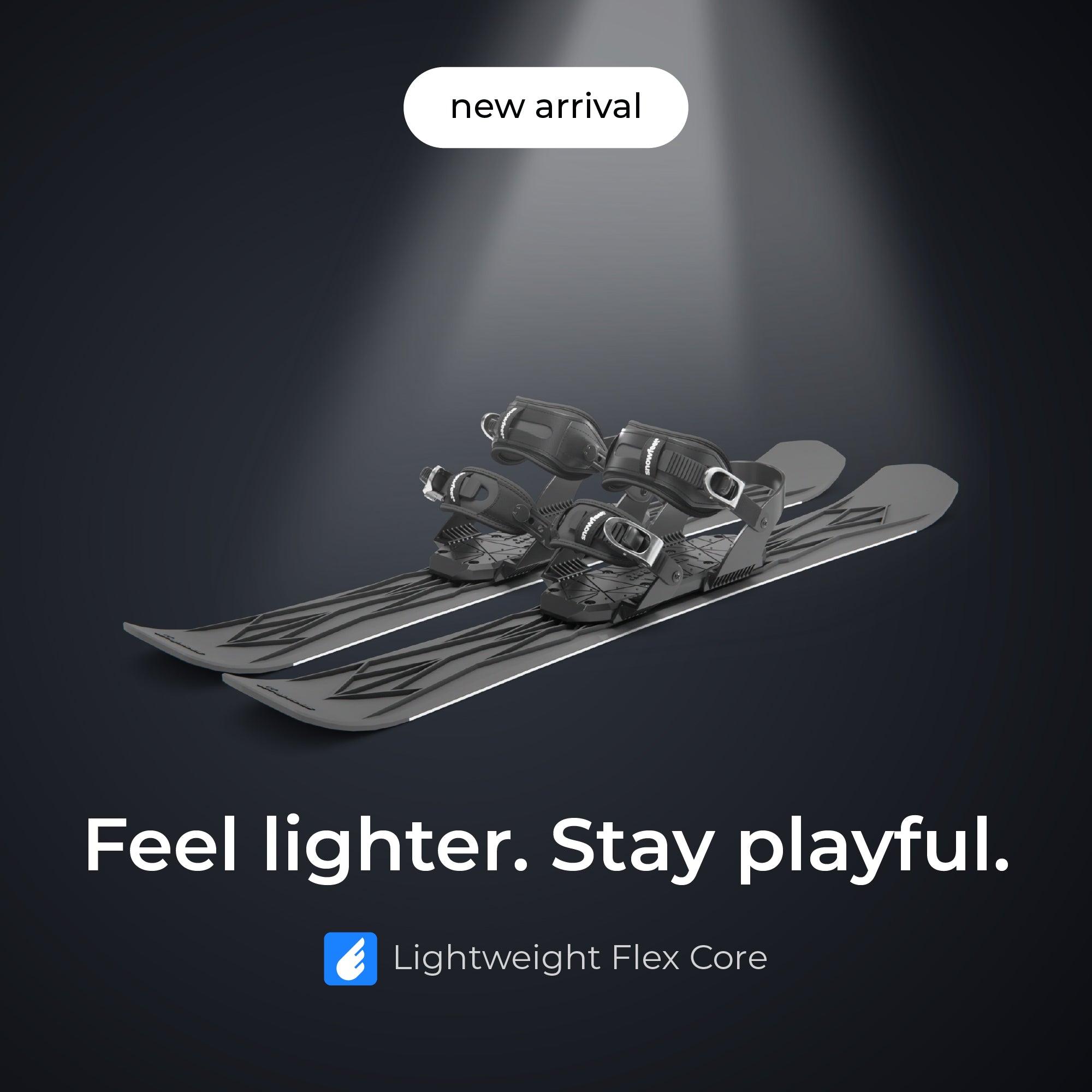 Skis with bindings on a dark background with spotlight effect. Snowfeet 100 cm