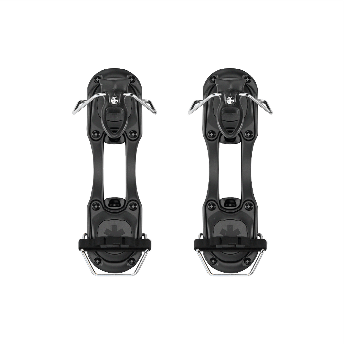 Two black simple ski bindings shown side by side on a plain white background.
