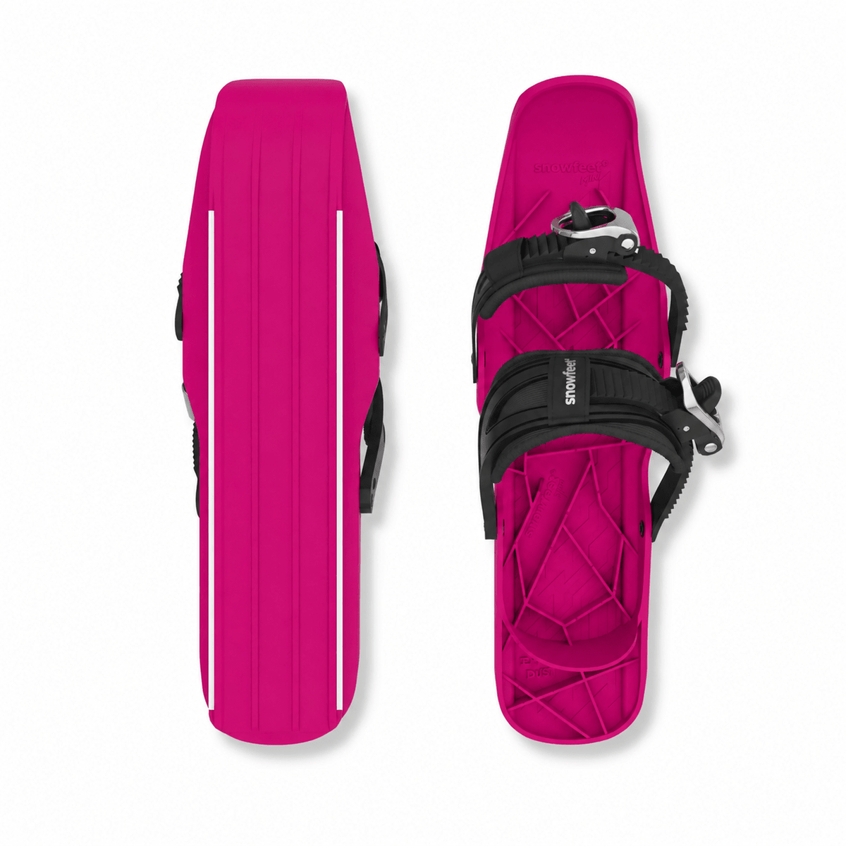 A pair of bright pink snowboard bindings shown from the top and side views on a clean white background. The bindings feature black straps with silver buckles and a small white brand label that reads 'snowfeet'.