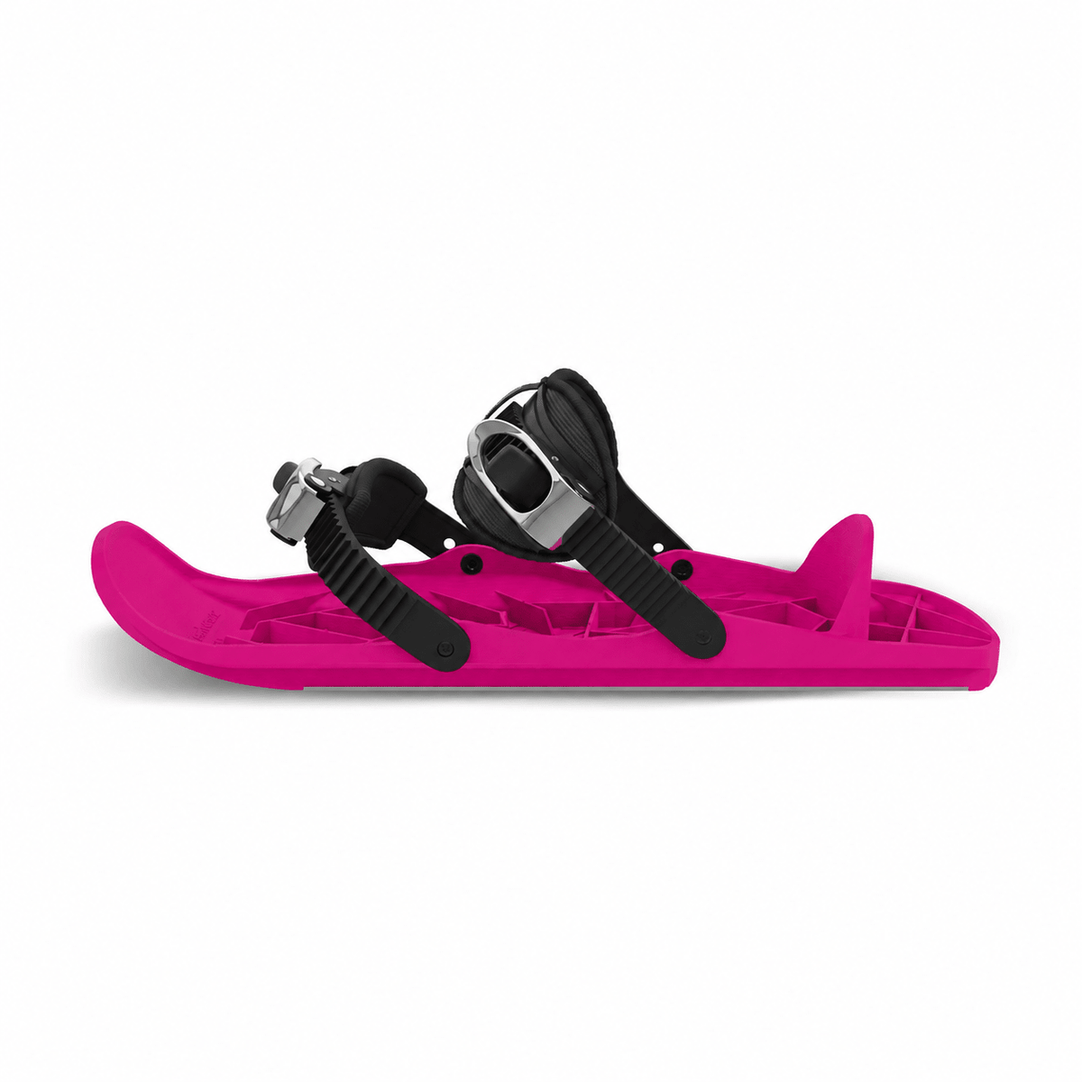 A pair of bright pink snowboard bindings with black straps and silver metal buckles, shown from a side profile on a white background.