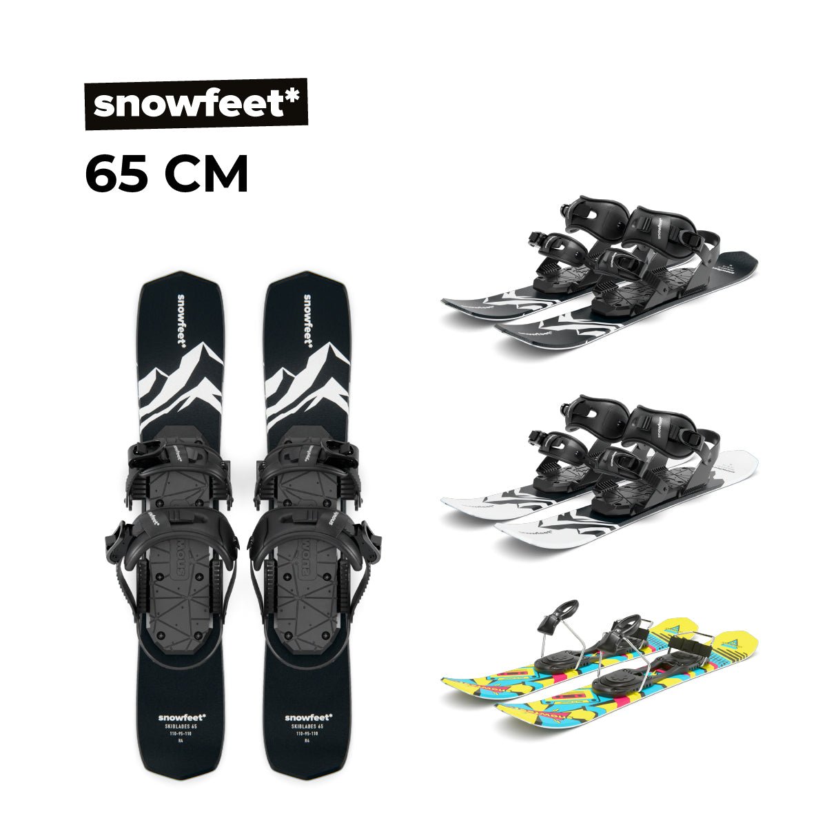 Snowfeet 65 cm snowboard bindings shown with different snowboards on a white background. The image features a main pair of black bindings with white mountain graphics on a black snowboard, and two smaller examples showing bindings in black/white and black/yellow with multicolor graphics.