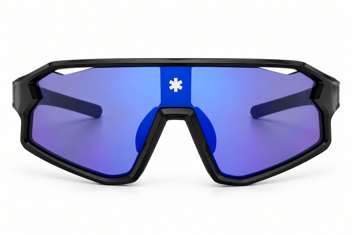 Black shield-style sports sunglasses with a blue-to-purple mirrored lens and a white asterisk symbol printed at the top center.