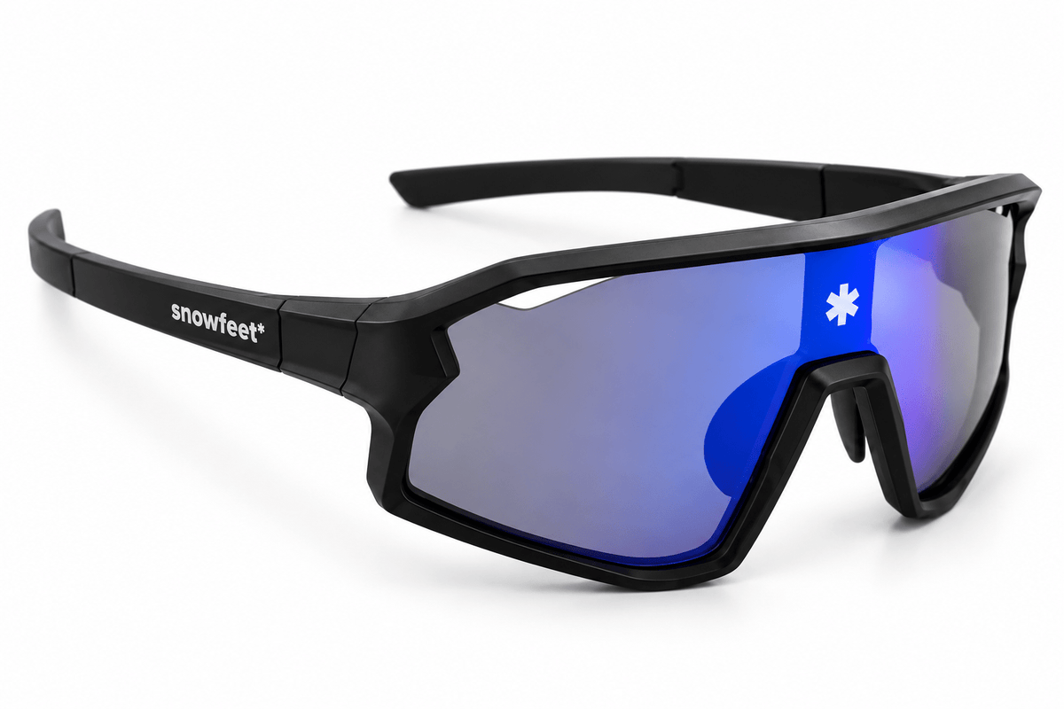 Black Snowfeet shield-style sunglasses with blue mirrored lenses and a white snowflake logo on the lens, shown on a white background.