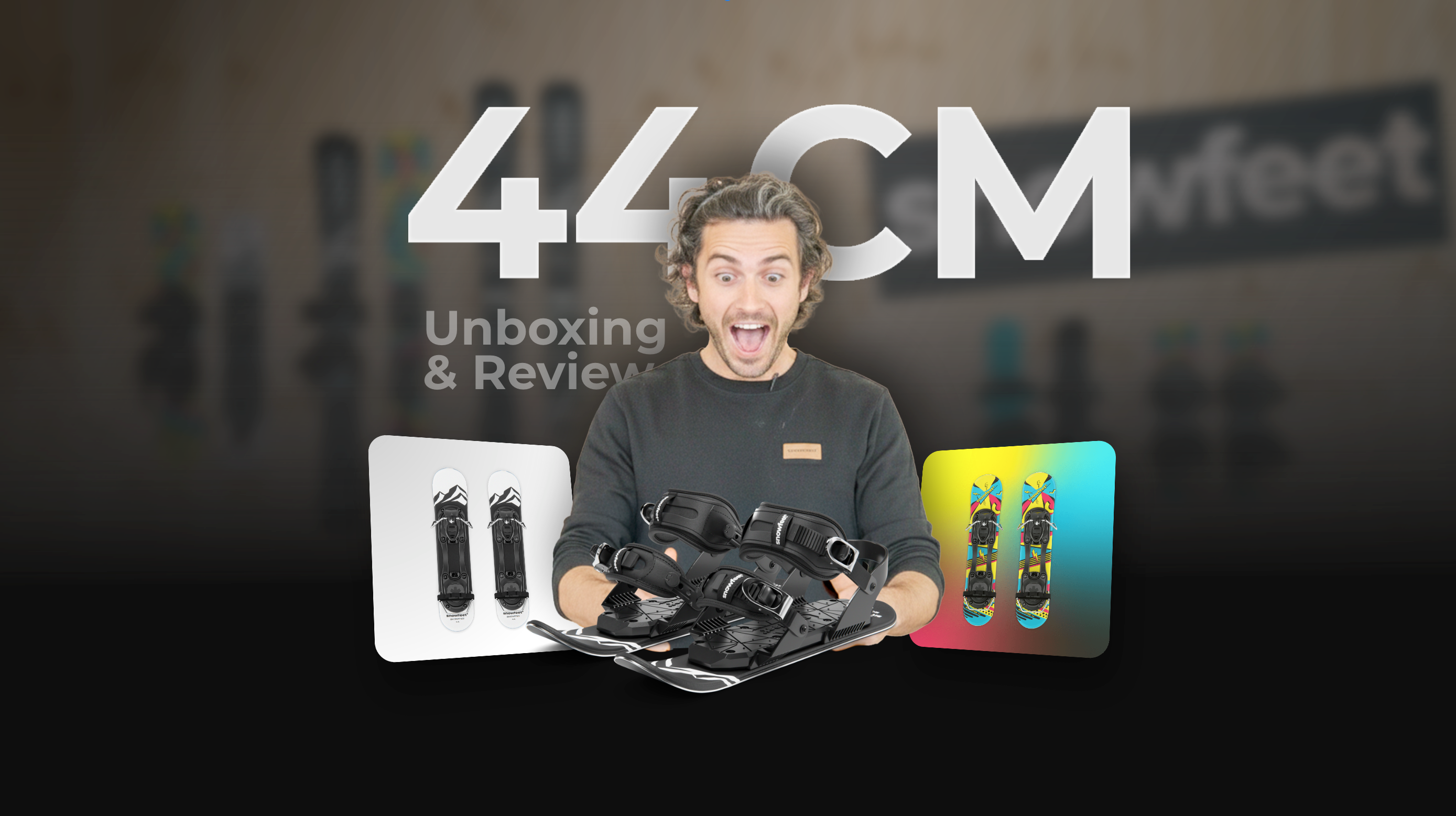Person holding ski boots with '44cm' text and 'unboxing & review' text on a dark background
