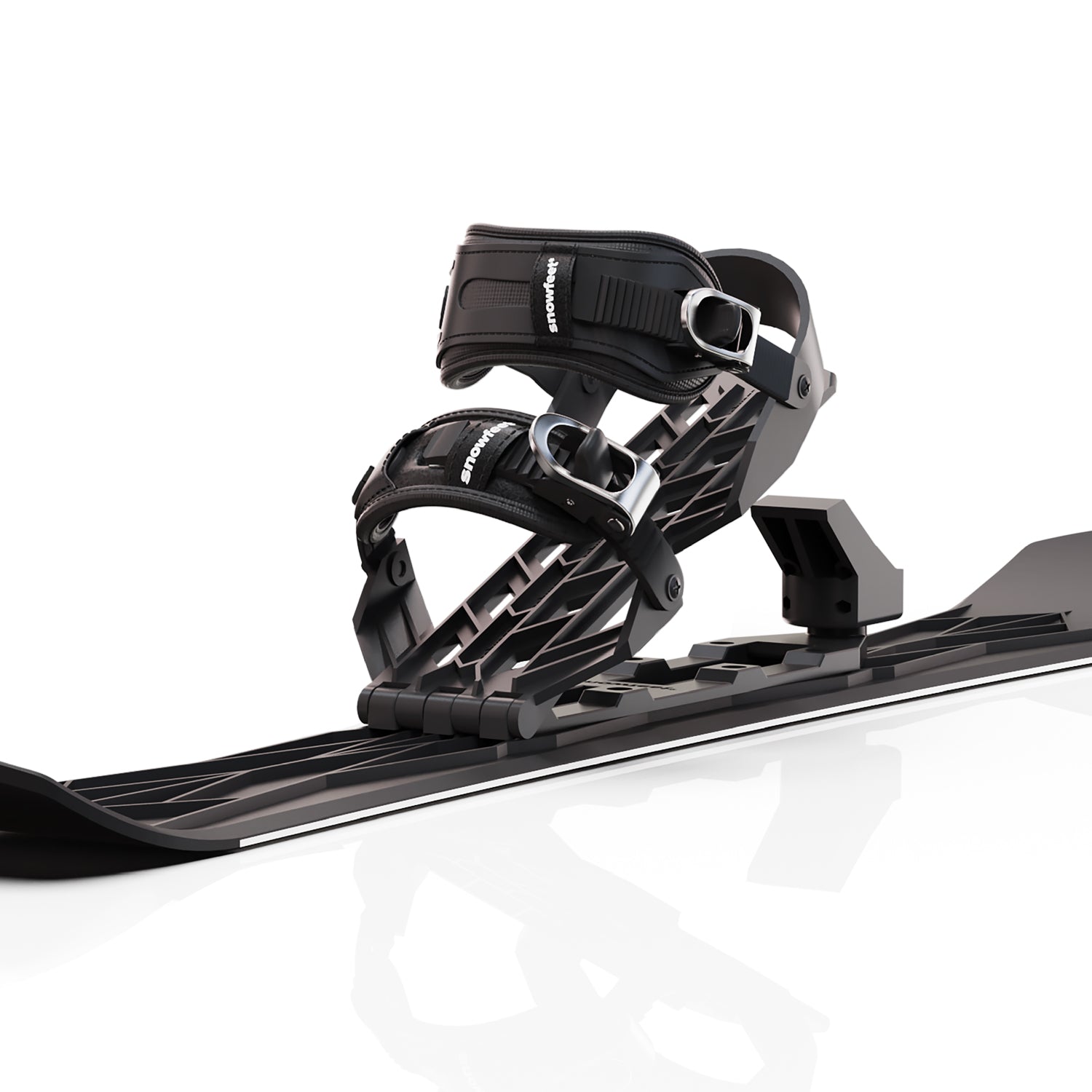 Black ski binding on a white background
