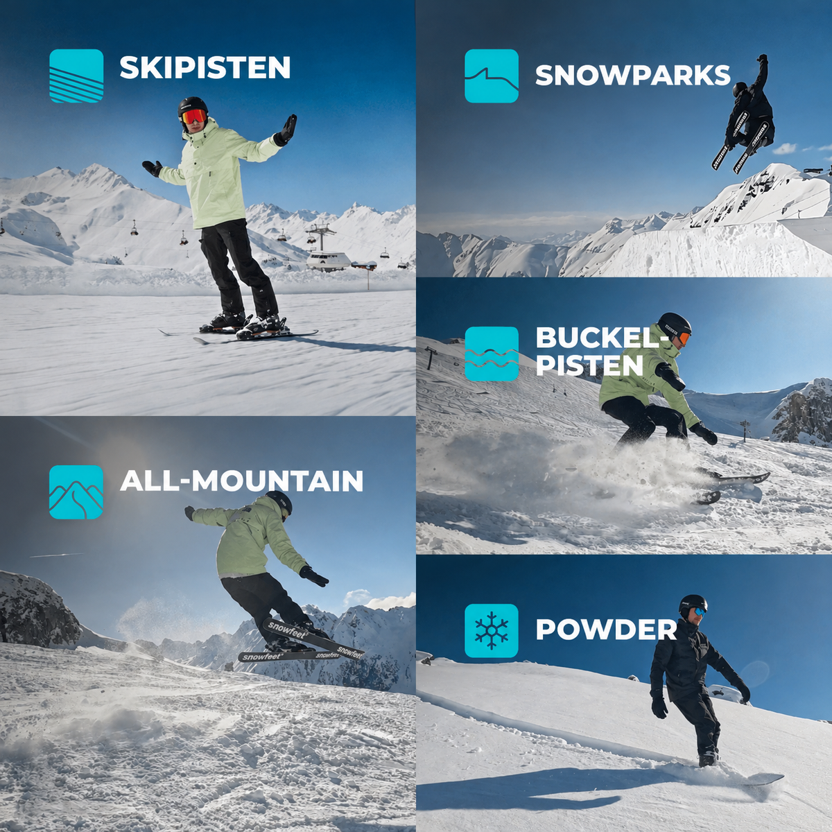 Five Different Winter Snow Terrains for Snowfeet Skiskates 44: Ski Slopes, Terrain Parks, All Mountains, Moguls, Powder
