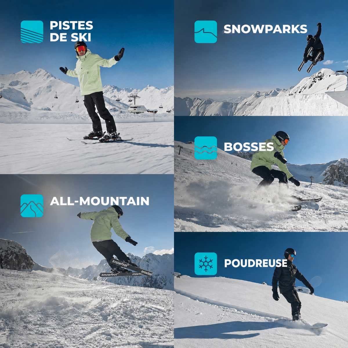 Five Different Winter Snow Terrains for Snowfeet Skiskates 44: Ski Slopes, Terrain Parks, All Mountains, Moguls, Powder